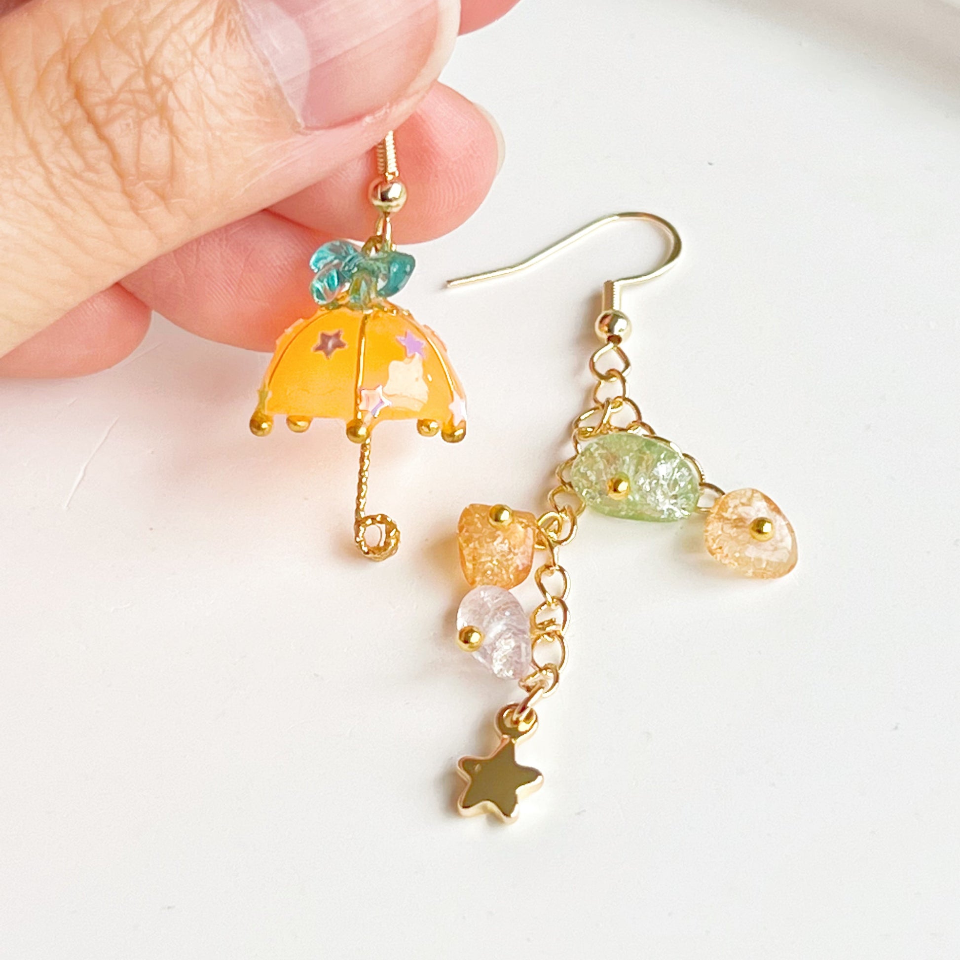 Orange with Blue Bow Umbrella and Rainbow Stones Mismatch Drop Earrings-Ninaouity