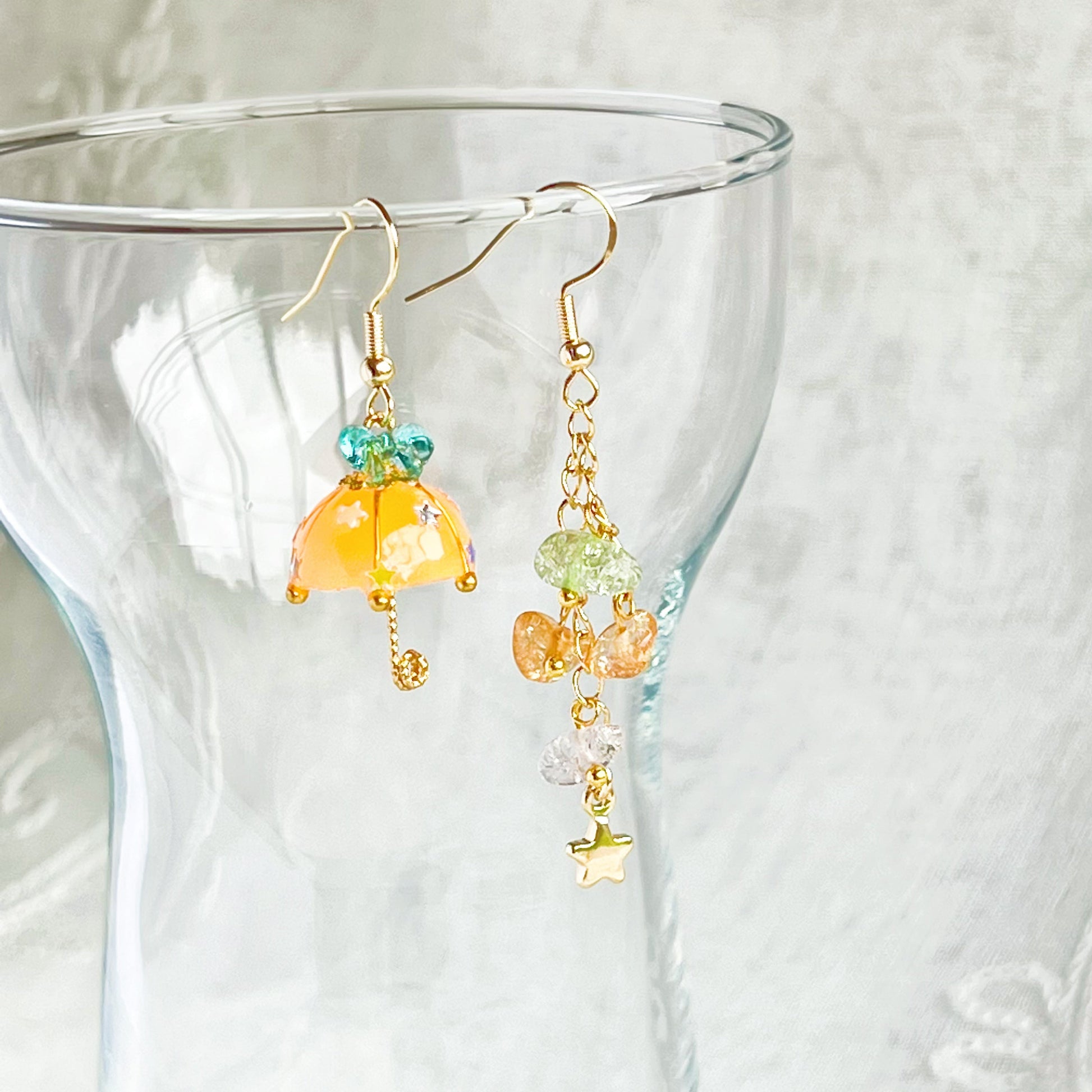 Orange with Blue Bow Umbrella and Rainbow Stones Mismatch Drop Earrings-Ninaouity