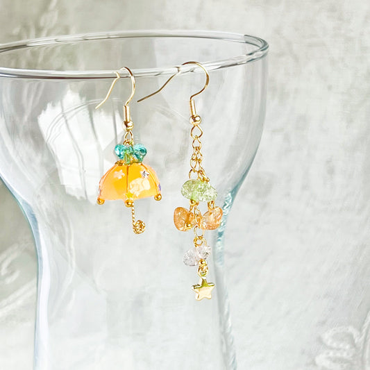 Orange with Blue Bow Umbrella and Rainbow Stones Mismatch Drop Earrings-Ninaouity