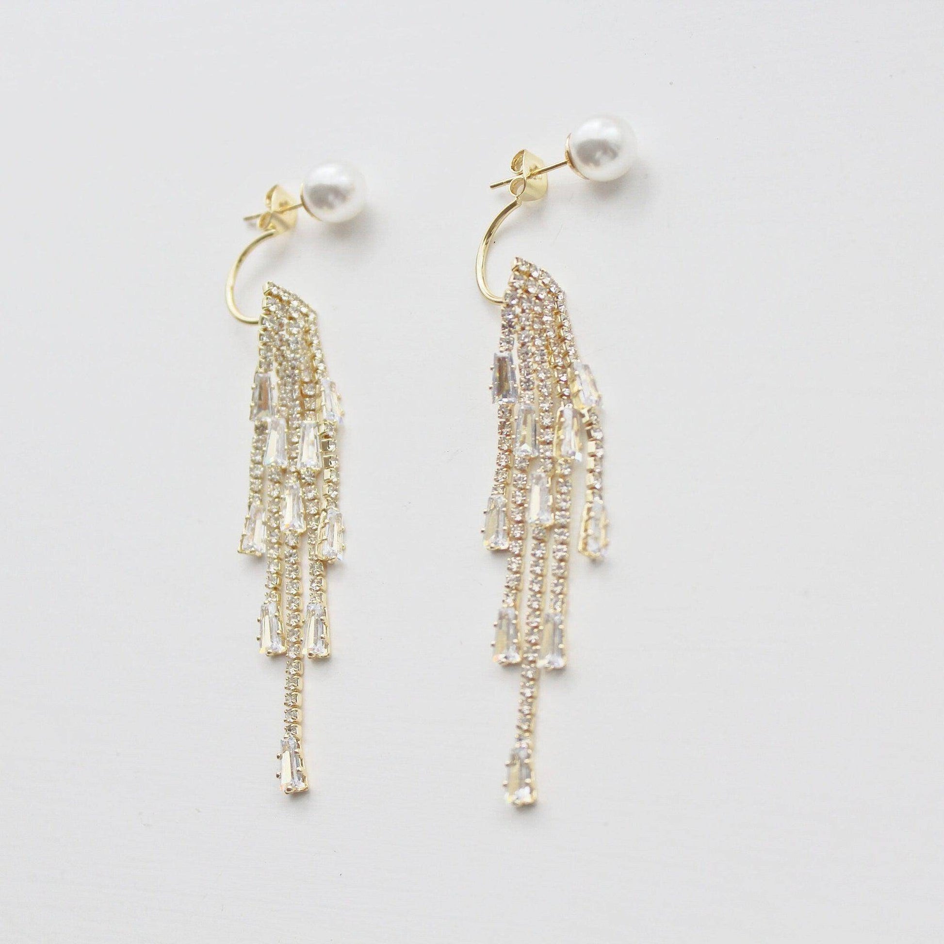 Pearl and Fringe Earrings - Gold Tassel Crystal Drop Earrings-Ninaouity