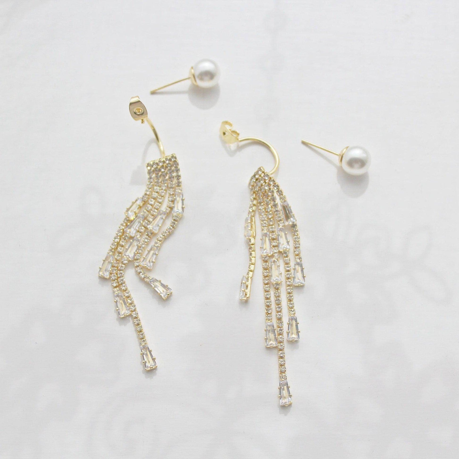 Pearl and Fringe Earrings - Gold Tassel Crystal Drop Earrings-Ninaouity