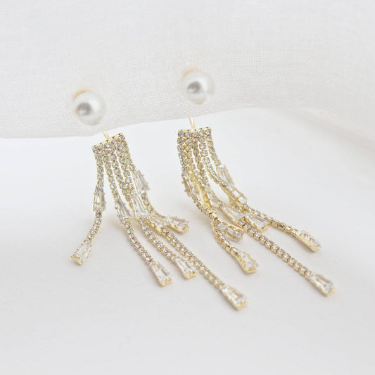 Pearl and Fringe Earrings - Gold Tassel Crystal Drop Earrings-Ninaouity