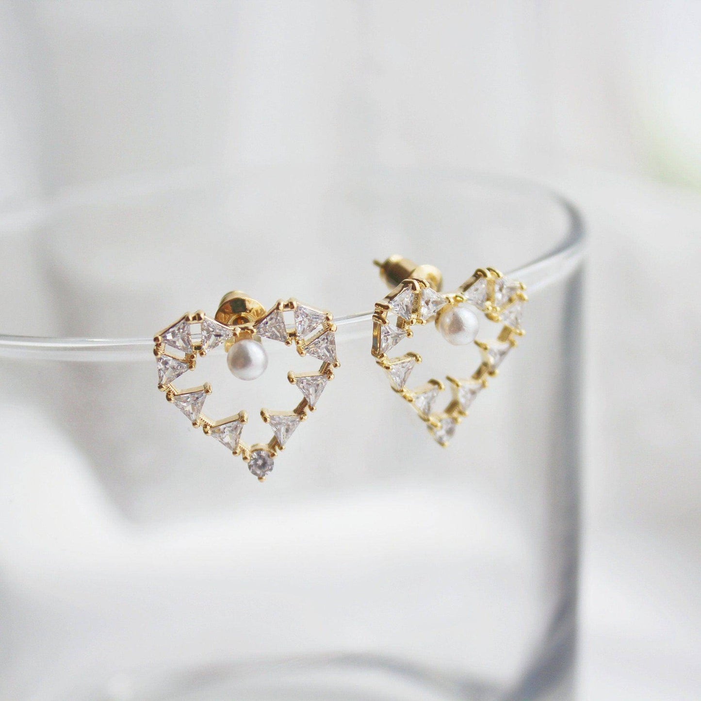 Pearl in Heart Earrings - Triangle Crystals in Gold Heart Earrings-Ninaouity