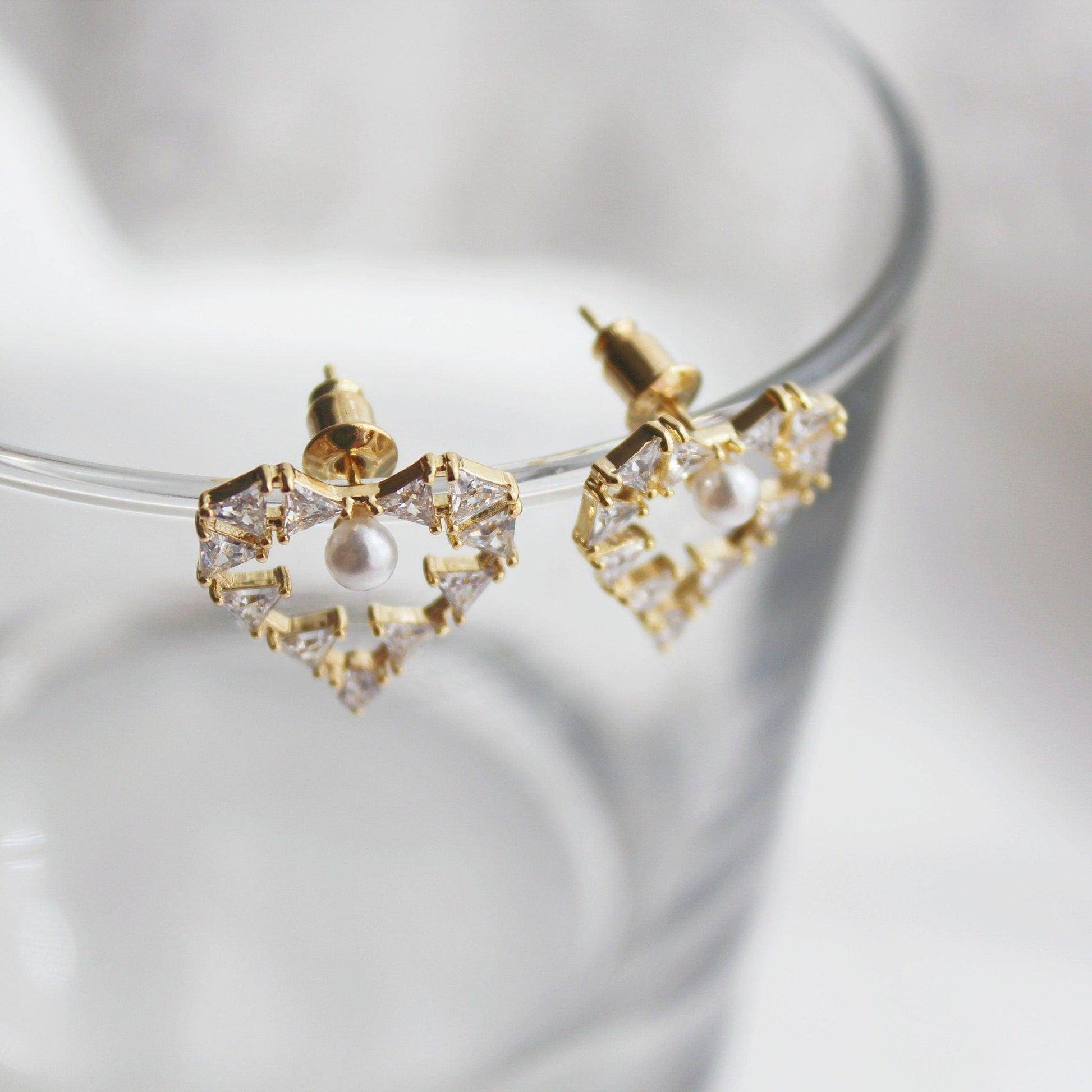 Pearl in Heart Earrings - Triangle Crystals in Gold Heart Earrings-Ninaouity
