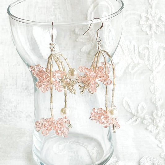 Pink Beaded Flower Statement Earrings-Ninaouity