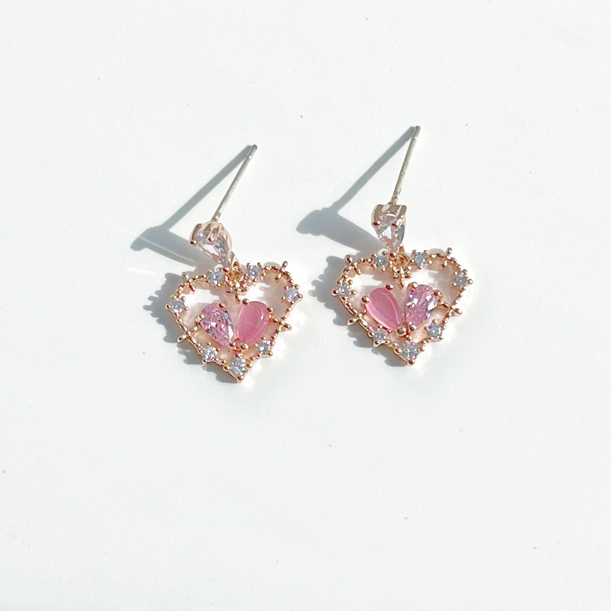 Pink Crystal Heart Drop Earrings - Rose Gold Heart Shape Sterling Silver Studs-Ninaouity