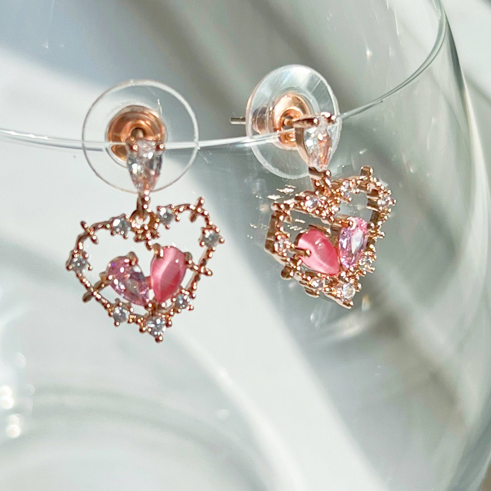 Pink Crystal Heart Drop Earrings - Rose Gold Heart Shape Sterling Silver Studs-Ninaouity