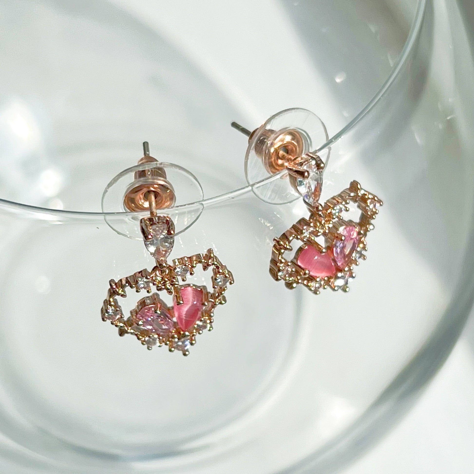 Pink Crystal Heart Drop Earrings - Rose Gold Heart Shape Sterling Silver Studs-Ninaouity
