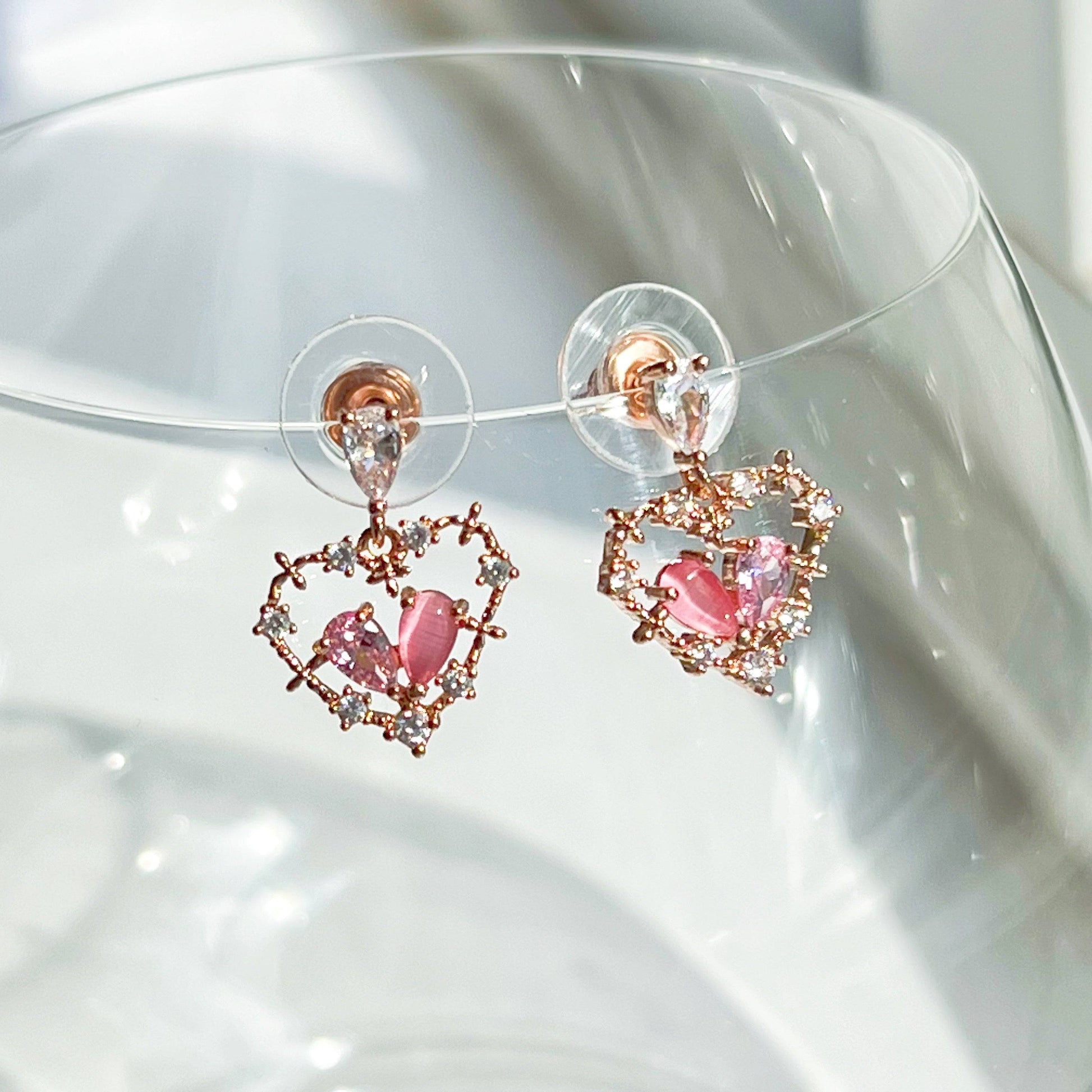 Pink Crystal Heart Drop Earrings - Rose Gold Heart Shape Sterling Silver Studs-Ninaouity