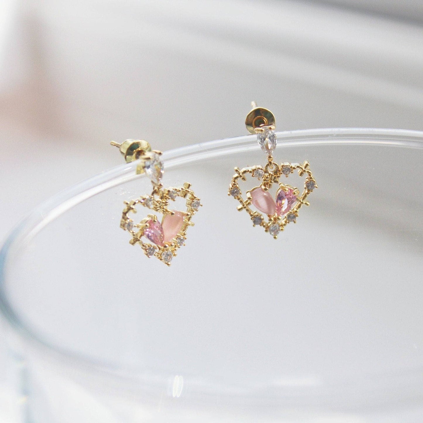 Pink Crystal Heart Earrings - Gold Heart Shape Sterling Silver Studs Earrings-Ninaouity