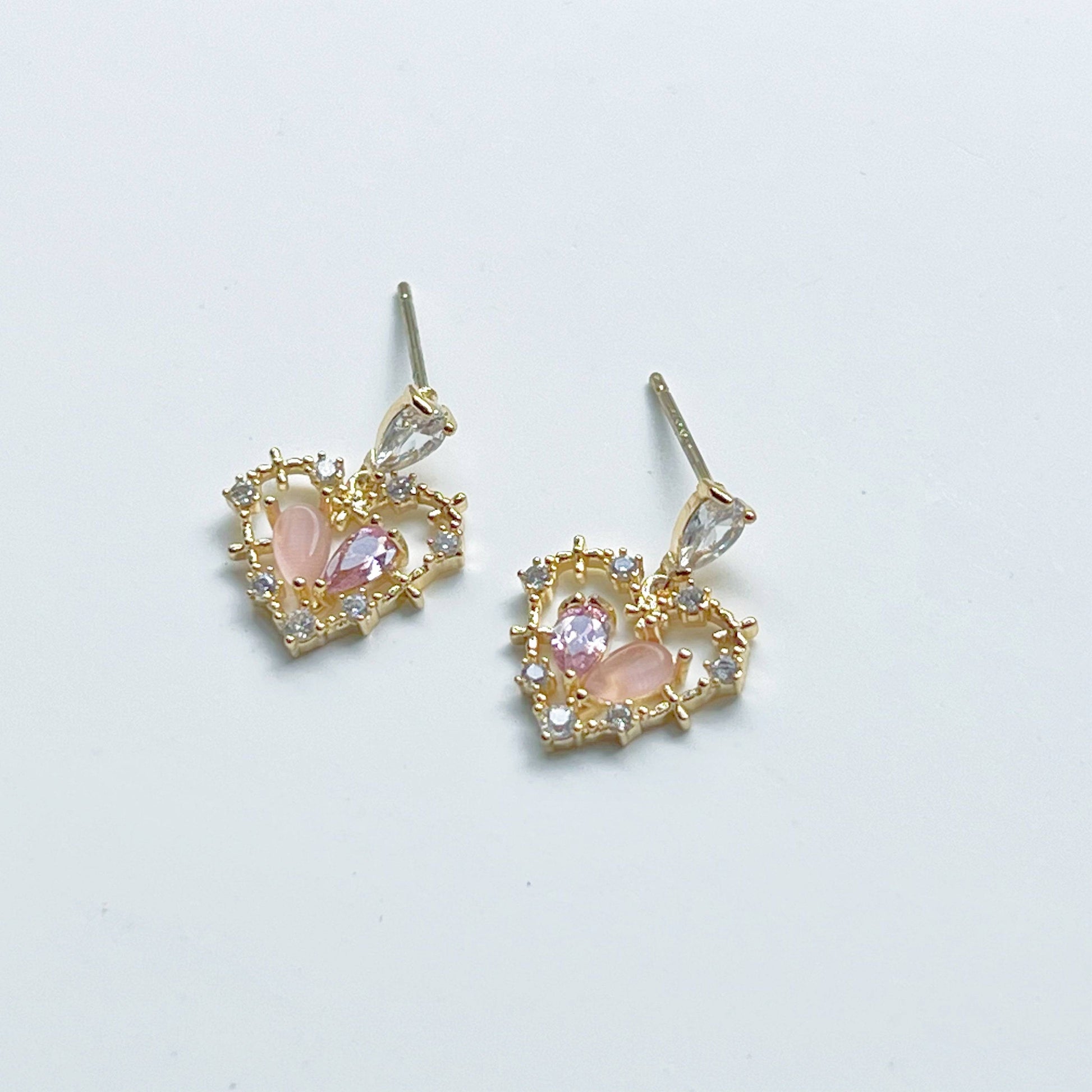 Pink Crystal Heart Earrings - Gold Heart Shape Sterling Silver Studs Earrings-Ninaouity