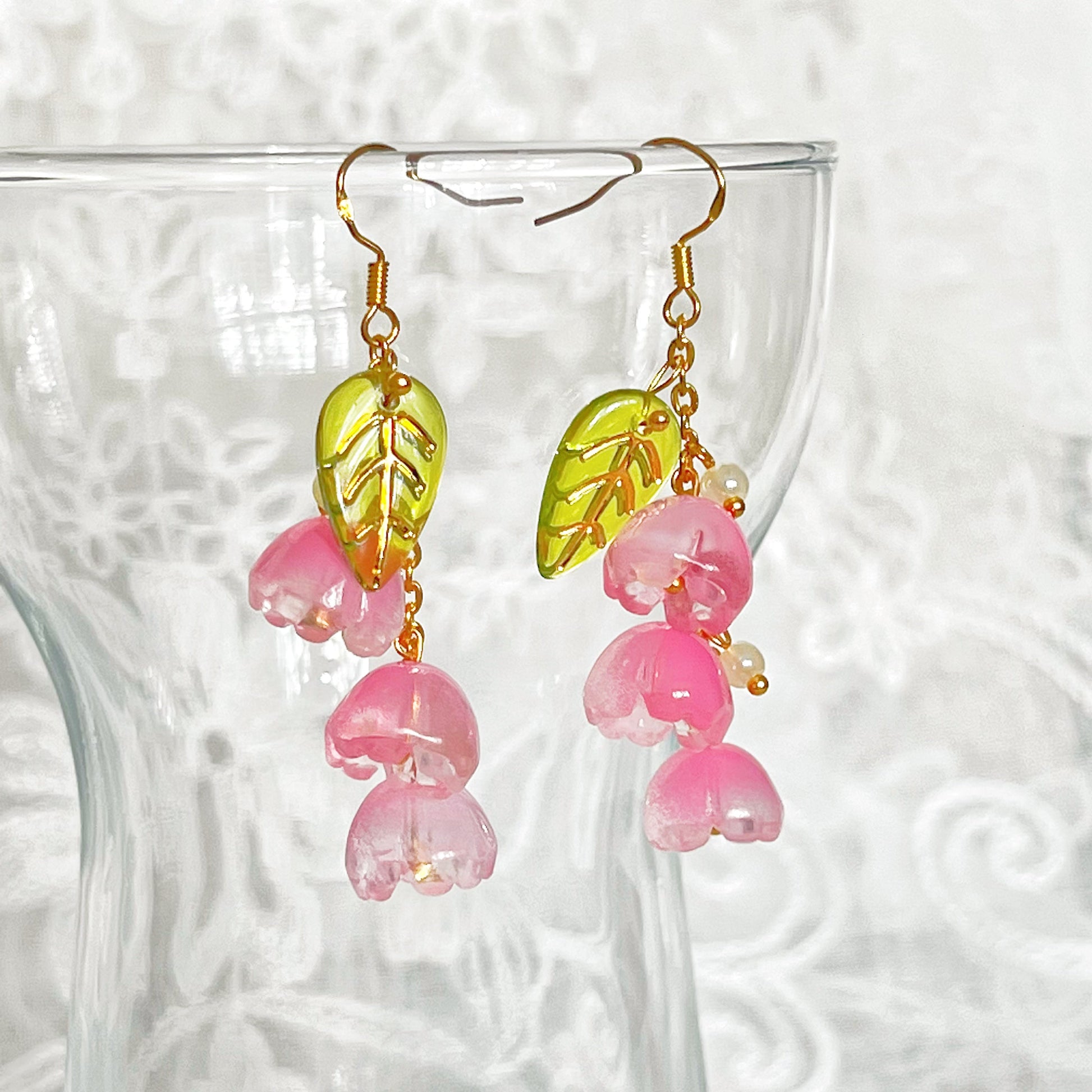 Pink Lily of the Valley Flower Drop Earrings-Ninaouity