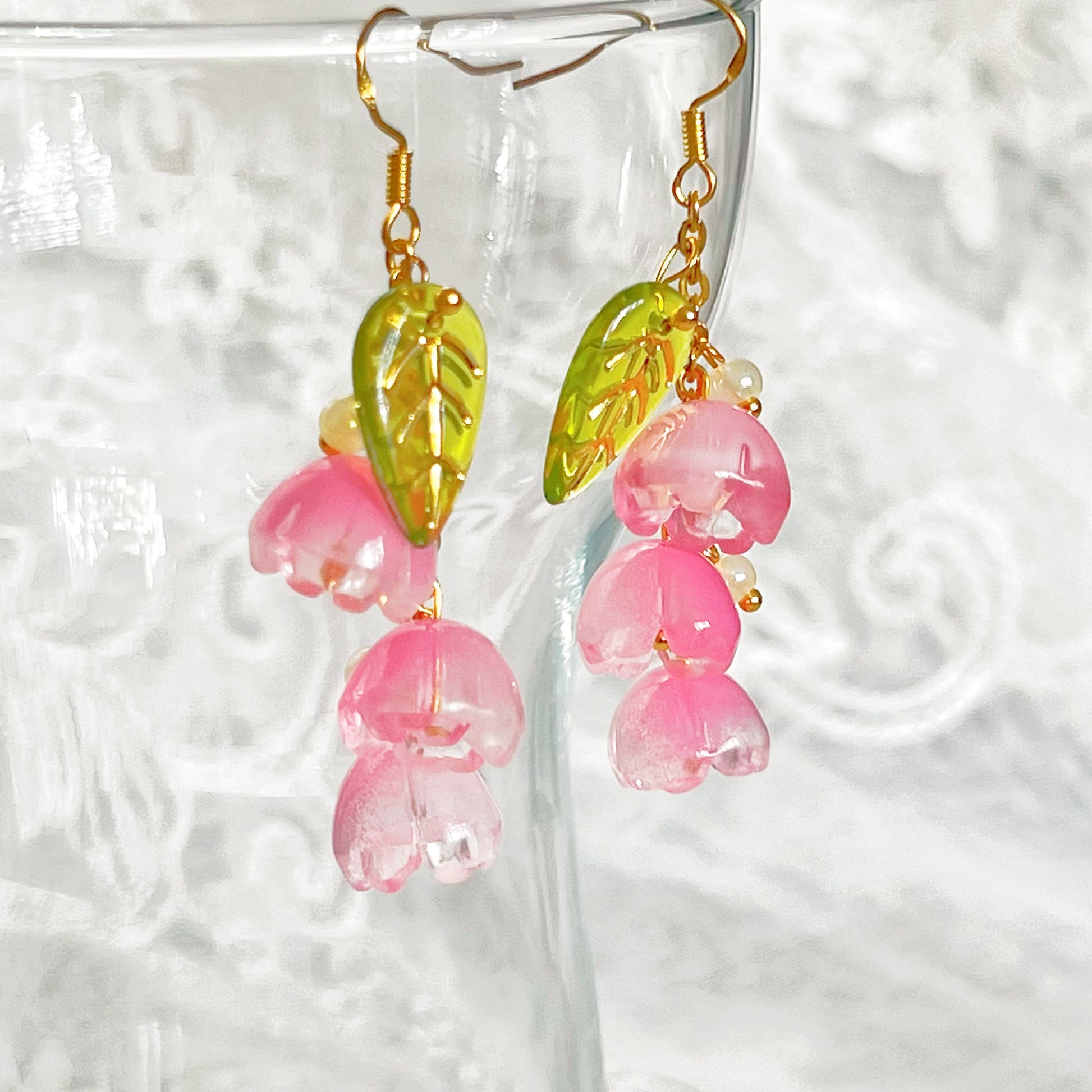 Pink Lily of the Valley Flower Drop Earrings-Ninaouity