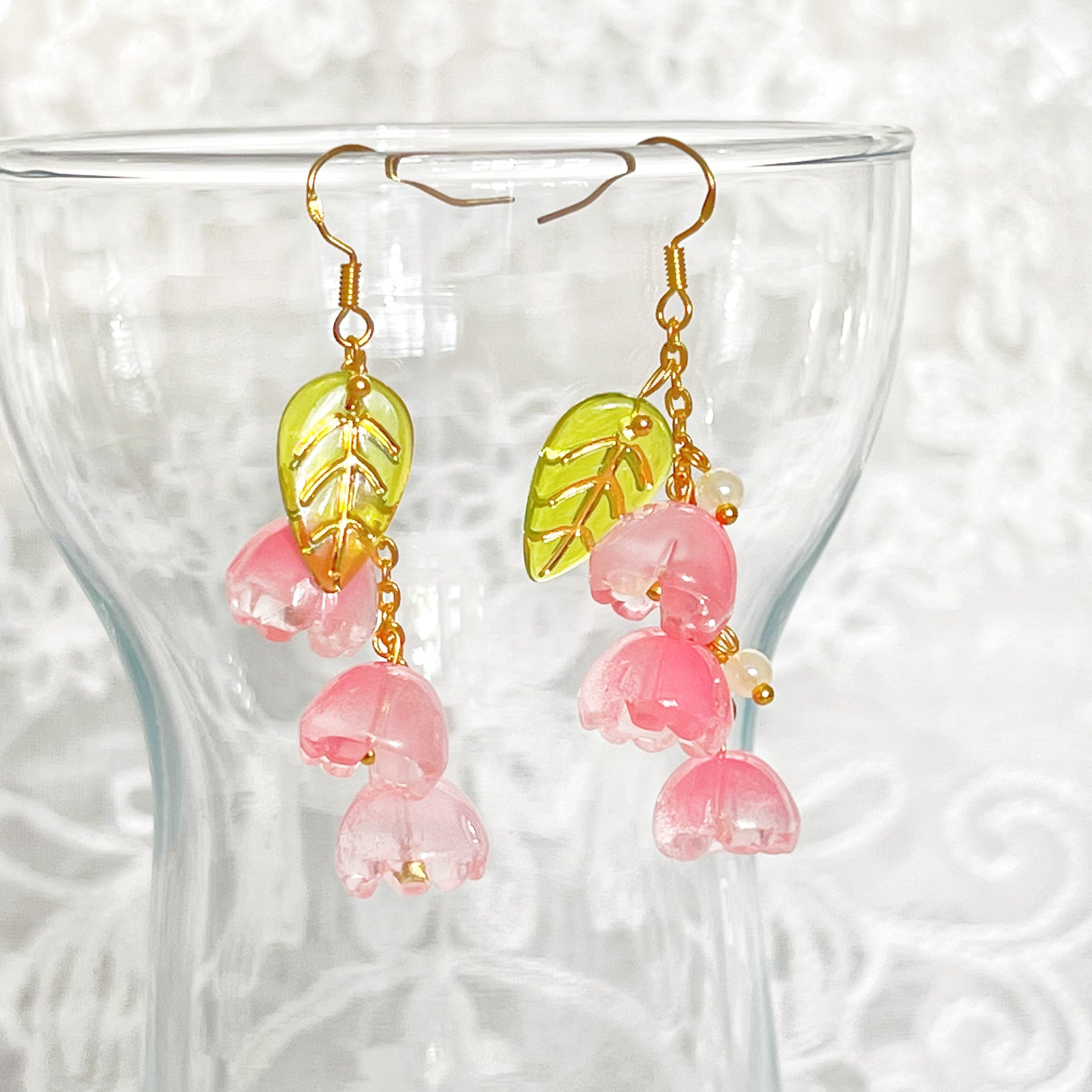 Pink Lily of the Valley Flower Drop Earrings-Ninaouity