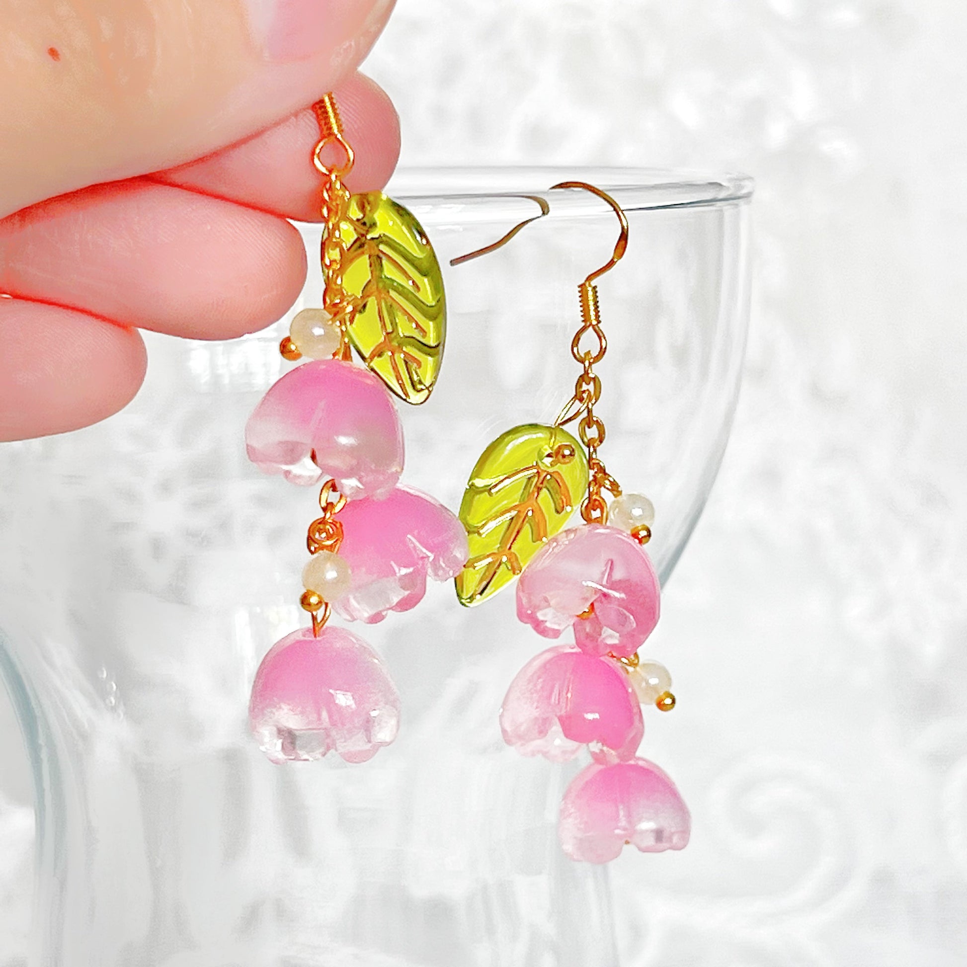 Pink Lily of the Valley Flower Drop Earrings-Ninaouity