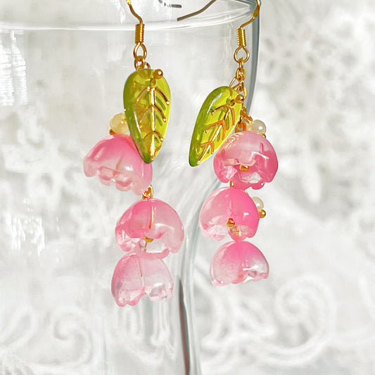 Pink Lily of the Valley Flower Drop Earrings-Ninaouity