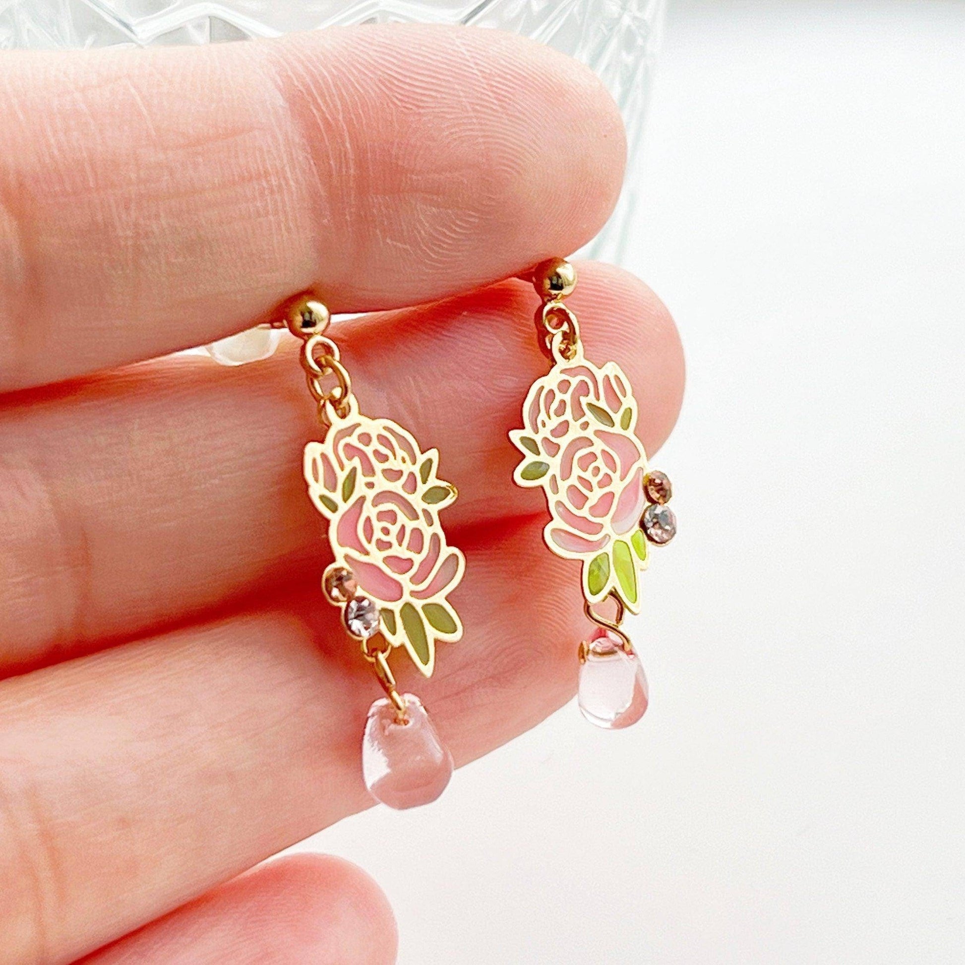 Pink Rose Earrings -  Rose Flower with Green Leaves Drop Earrings-Ninaouity