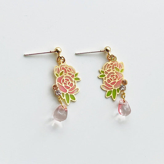 Pink Rose Earrings -  Rose Flower with Green Leaves Drop Earrings-Ninaouity