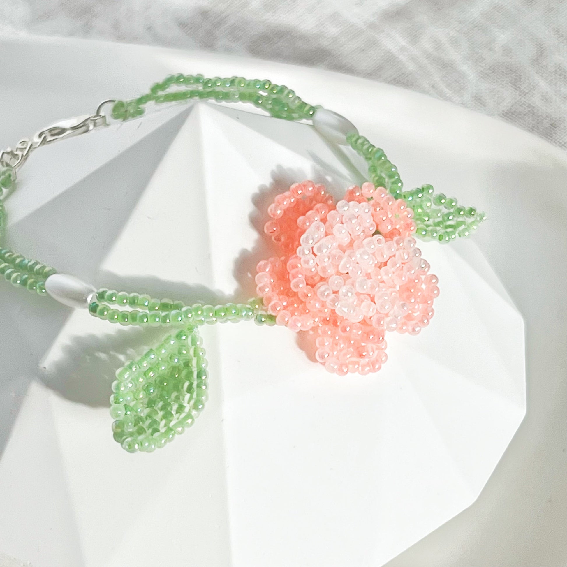 Pink Rose Flower Beaded Bracelet-Ninaouity