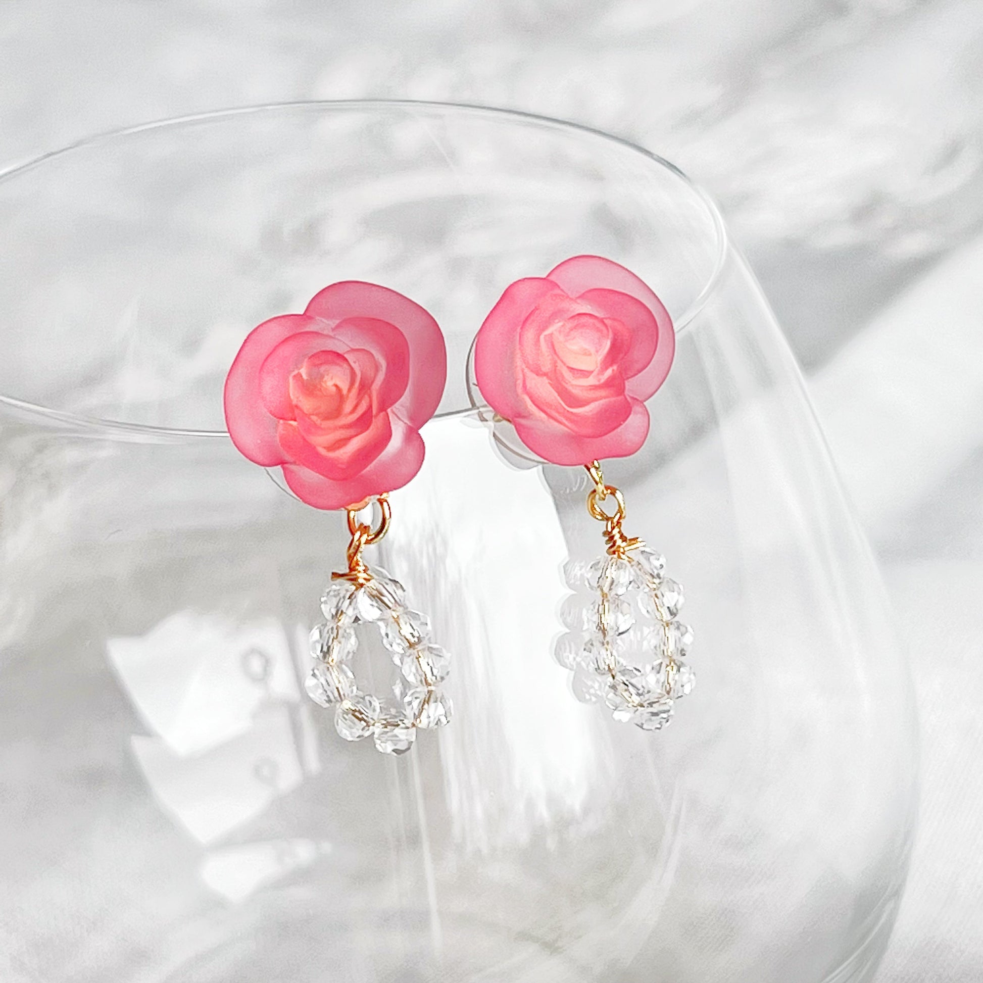 Pink Rose Flower with Crystal Hoop Earrings-Ninaouity