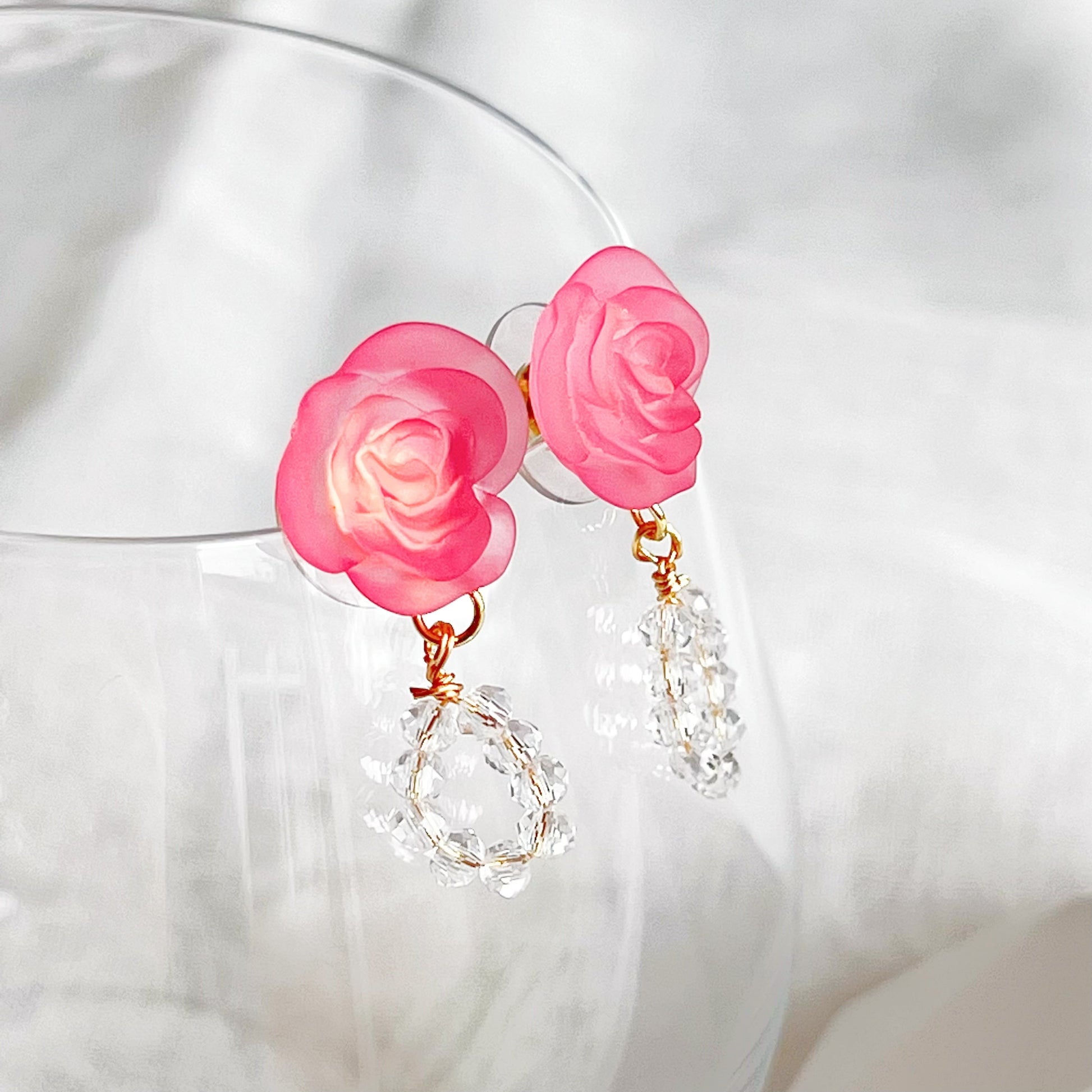 Pink Rose Flower with Crystal Hoop Earrings-Ninaouity