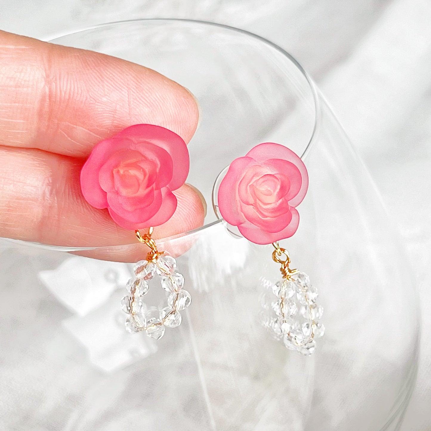 Pink Rose Flower with Crystal Hoop Earrings-Ninaouity