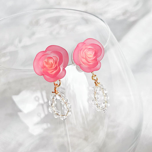 Pink Rose Flower with Crystal Hoop Earrings-Ninaouity