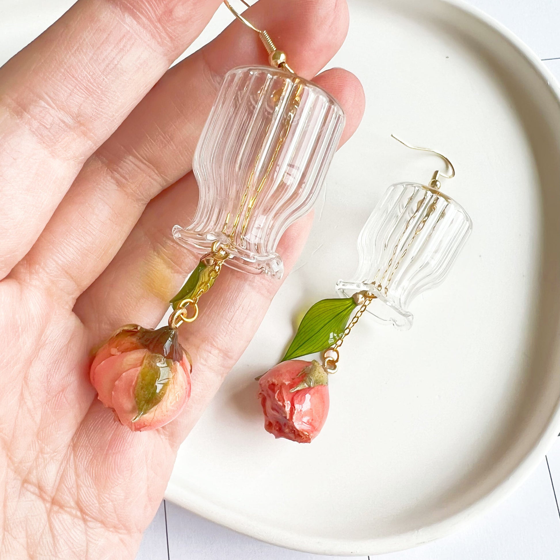 Pink Rose Flowers in Miniature Glass Vase Drop Earrings-Ninaouity