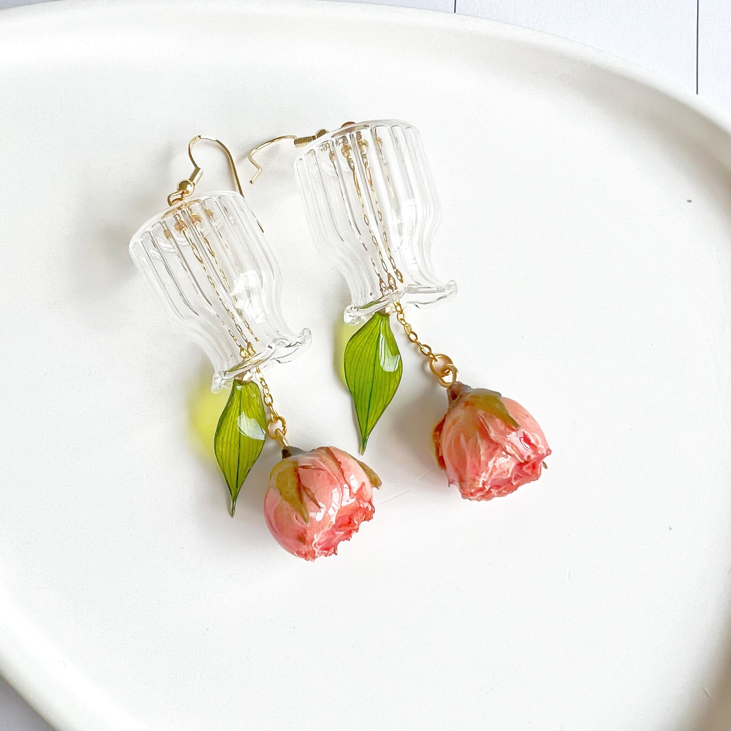 Pink Rose Flowers in Miniature Glass Vase Drop Earrings-Ninaouity