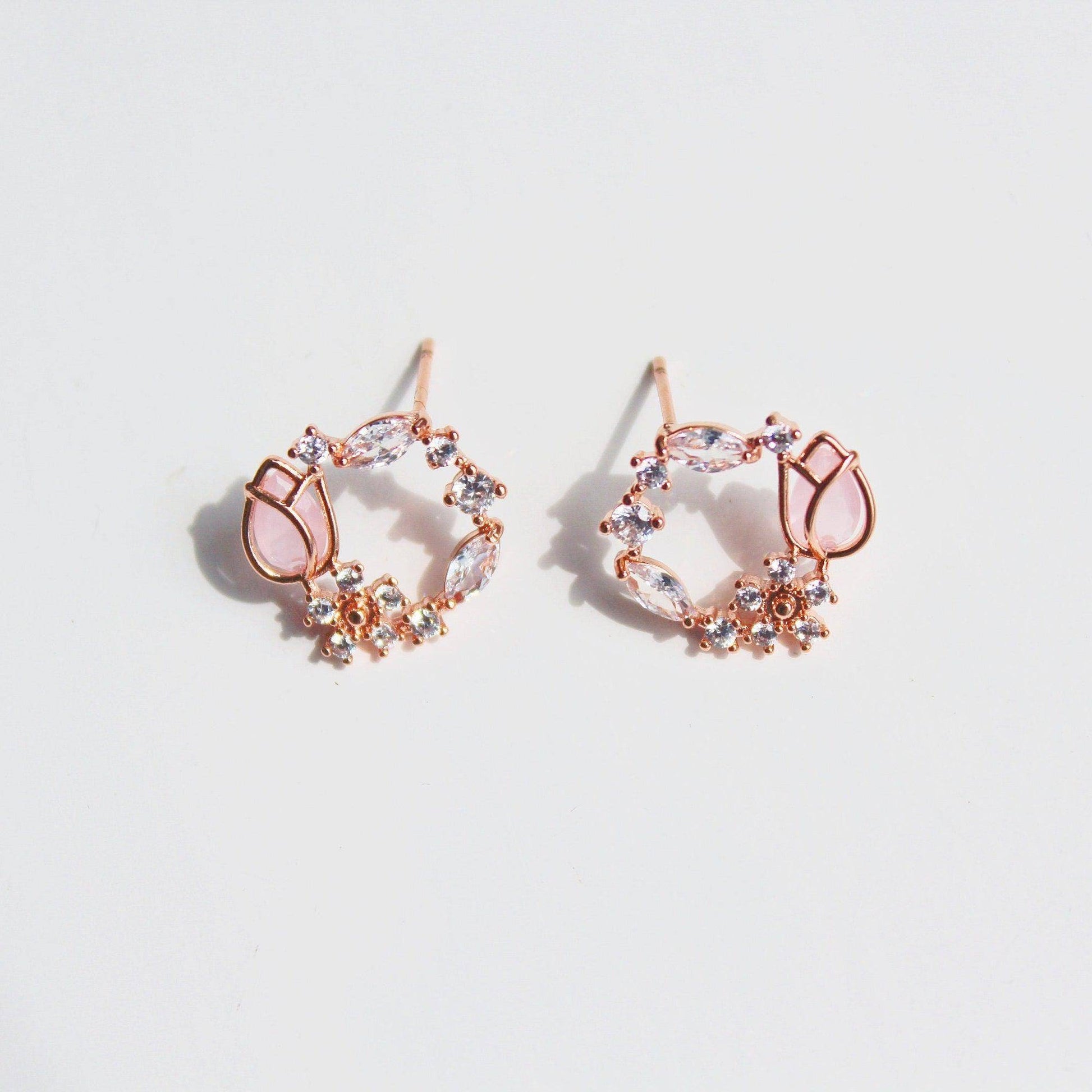 Pink Tulip Earrings - Flower Shape Crystal Rose Gold Studs Earrings-Ninaouity