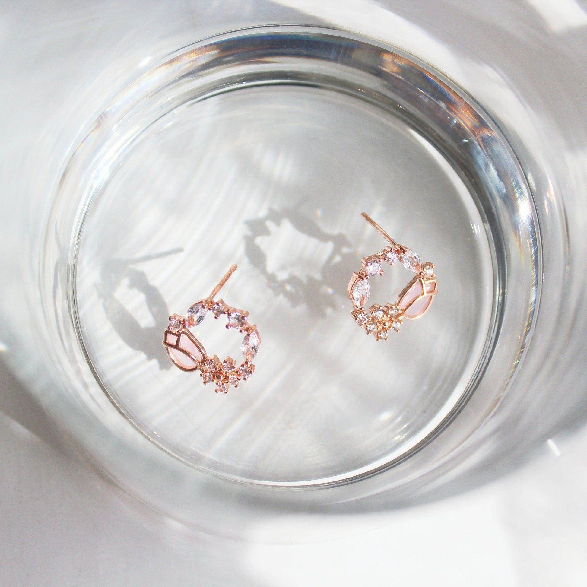 Pink Tulip Earrings - Flower Shape Crystal Rose Gold Studs Earrings-Ninaouity