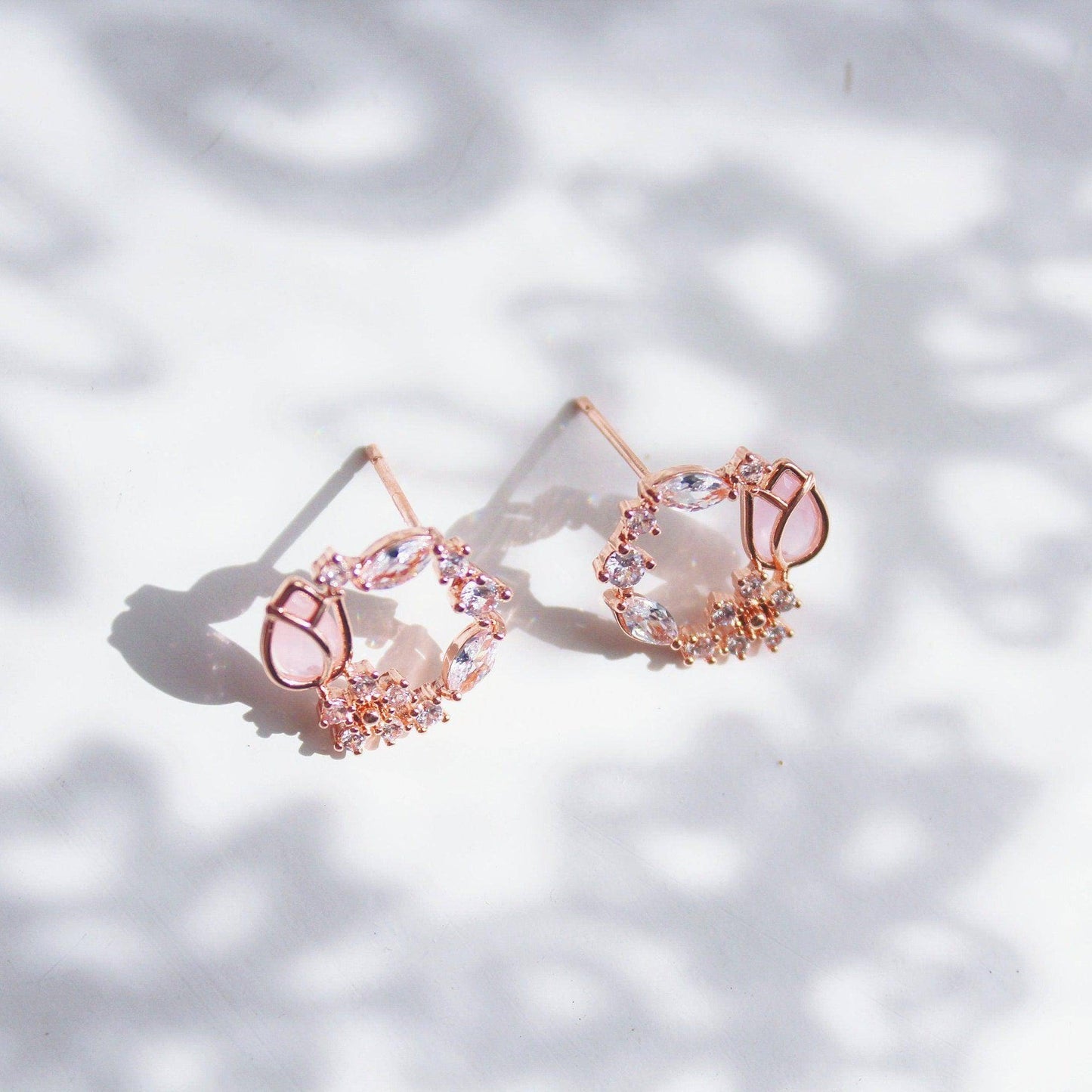 Pink Tulip Earrings - Flower Shape Crystal Rose Gold Studs Earrings-Ninaouity