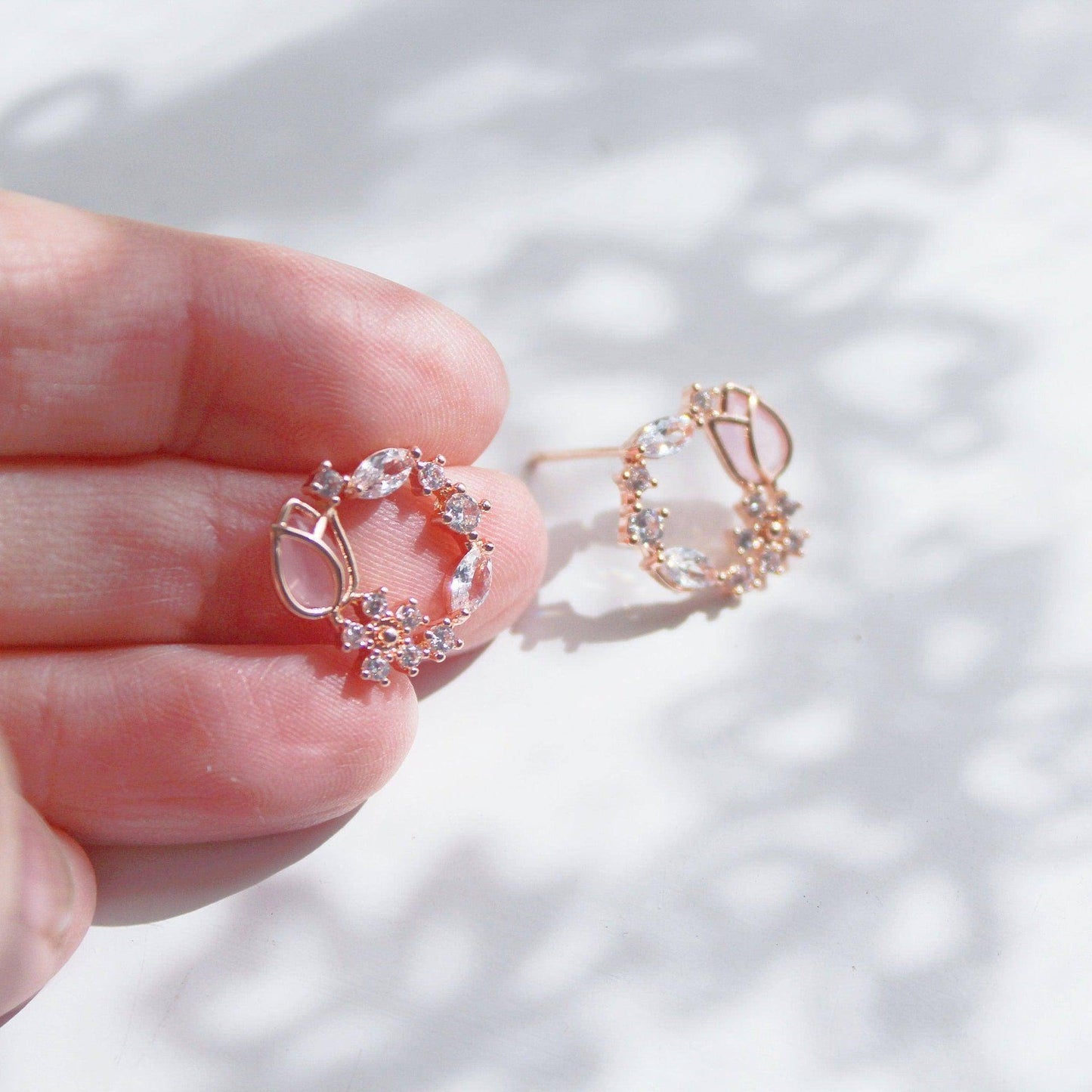 Pink Tulip Earrings - Flower Shape Crystal Rose Gold Studs Earrings-Ninaouity