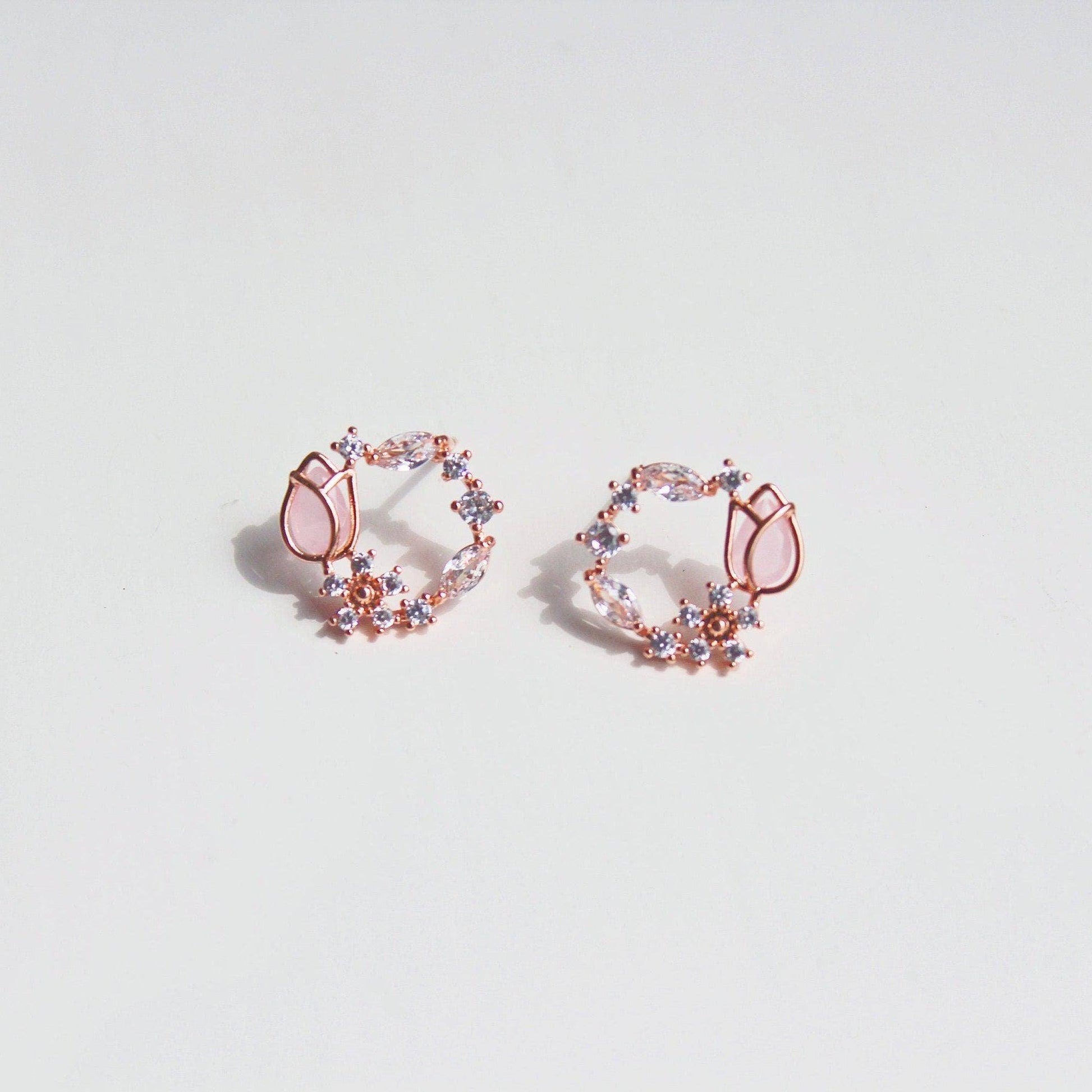 Pink Tulip Earrings - Flower Shape Crystal Rose Gold Studs Earrings-Ninaouity