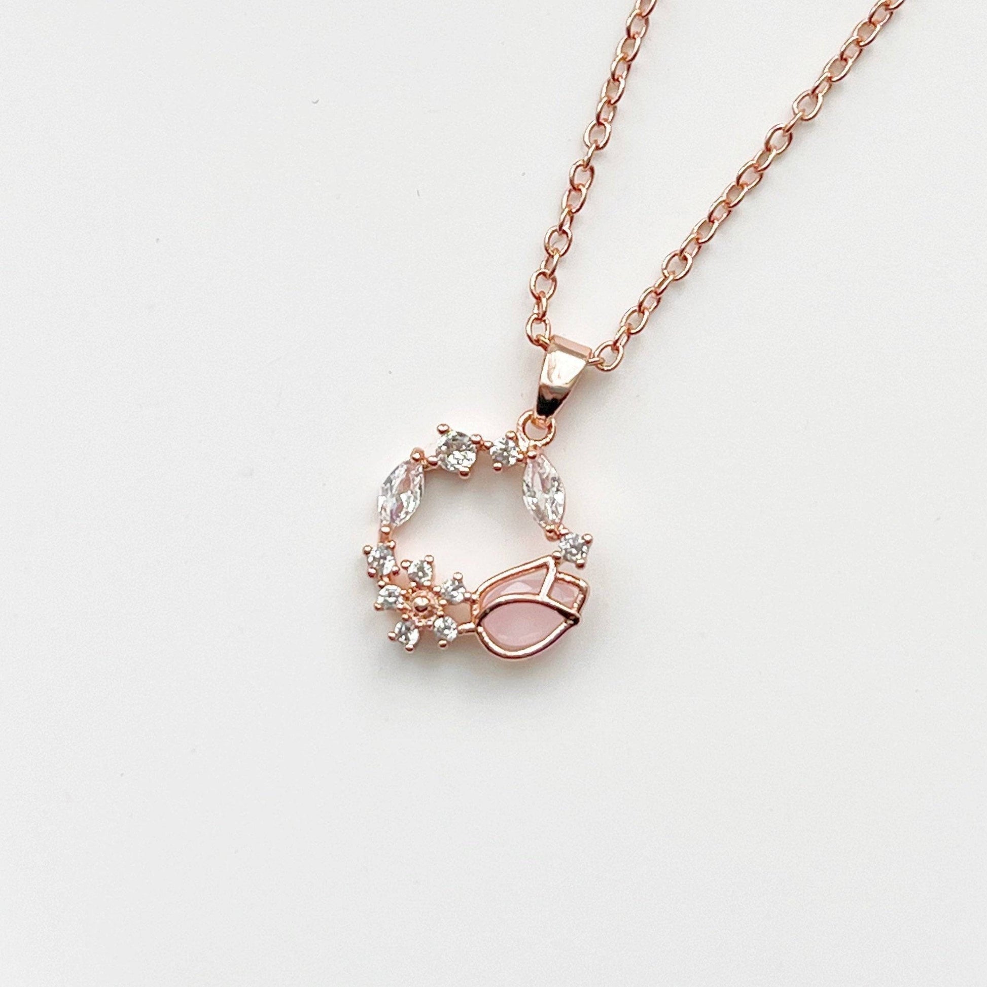 Pink Tulip Necklace - Flower Shape Crystal Rose Gold Necklace-Ninaouity