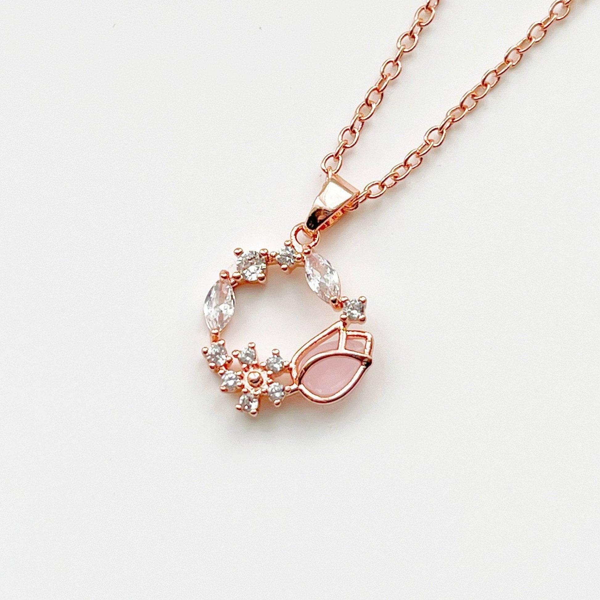 Pink Tulip Necklace - Flower Shape Crystal Rose Gold Necklace-Ninaouity