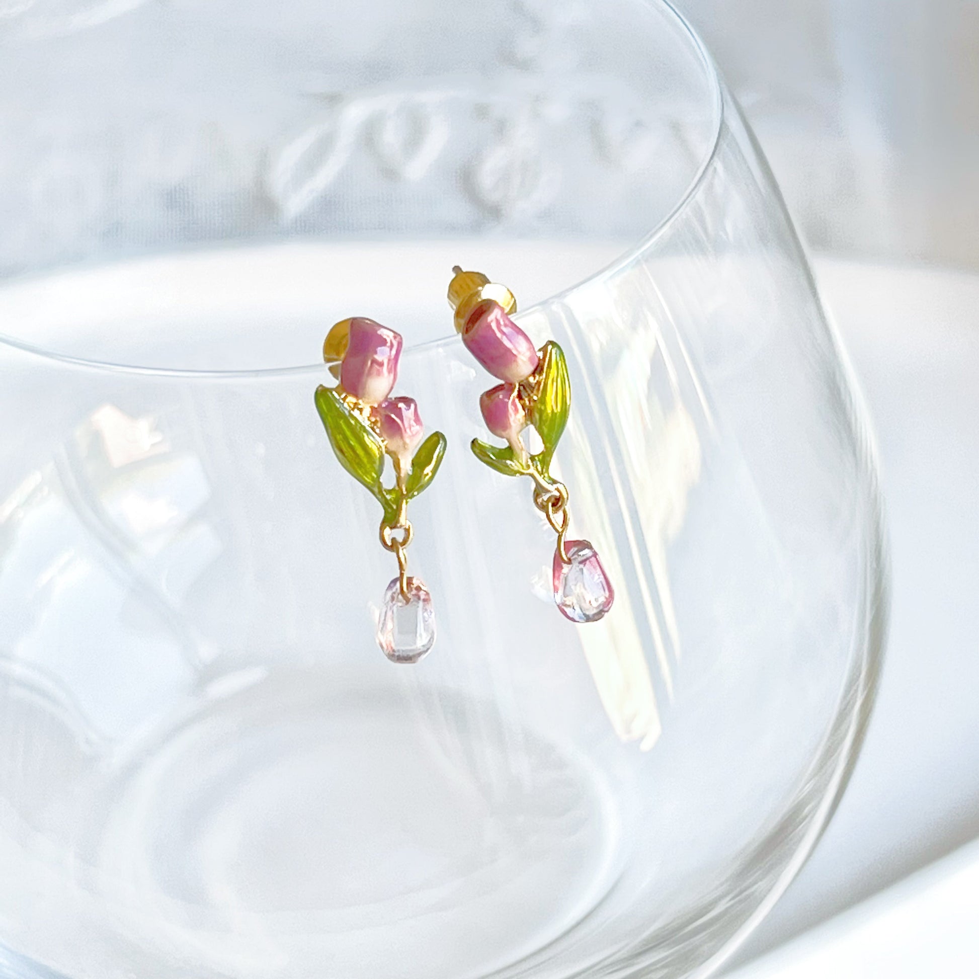 Pink Tulips Flower with Leaves Drop Earrings-Ninaouity