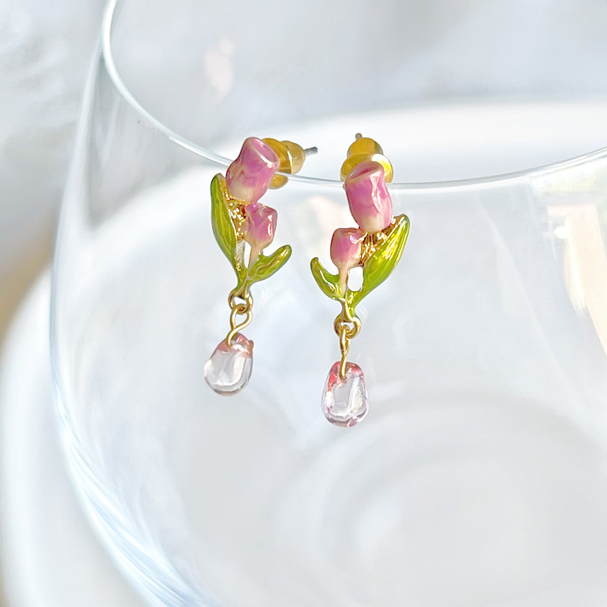 Pink Tulips Flower with Leaves Drop Earrings-Ninaouity
