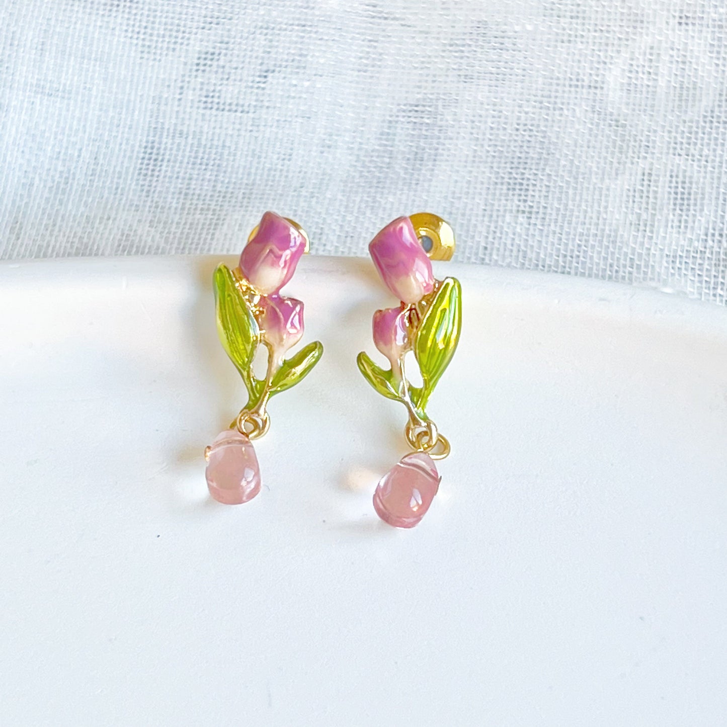 Pink Tulips Flower with Leaves Drop Earrings-Ninaouity