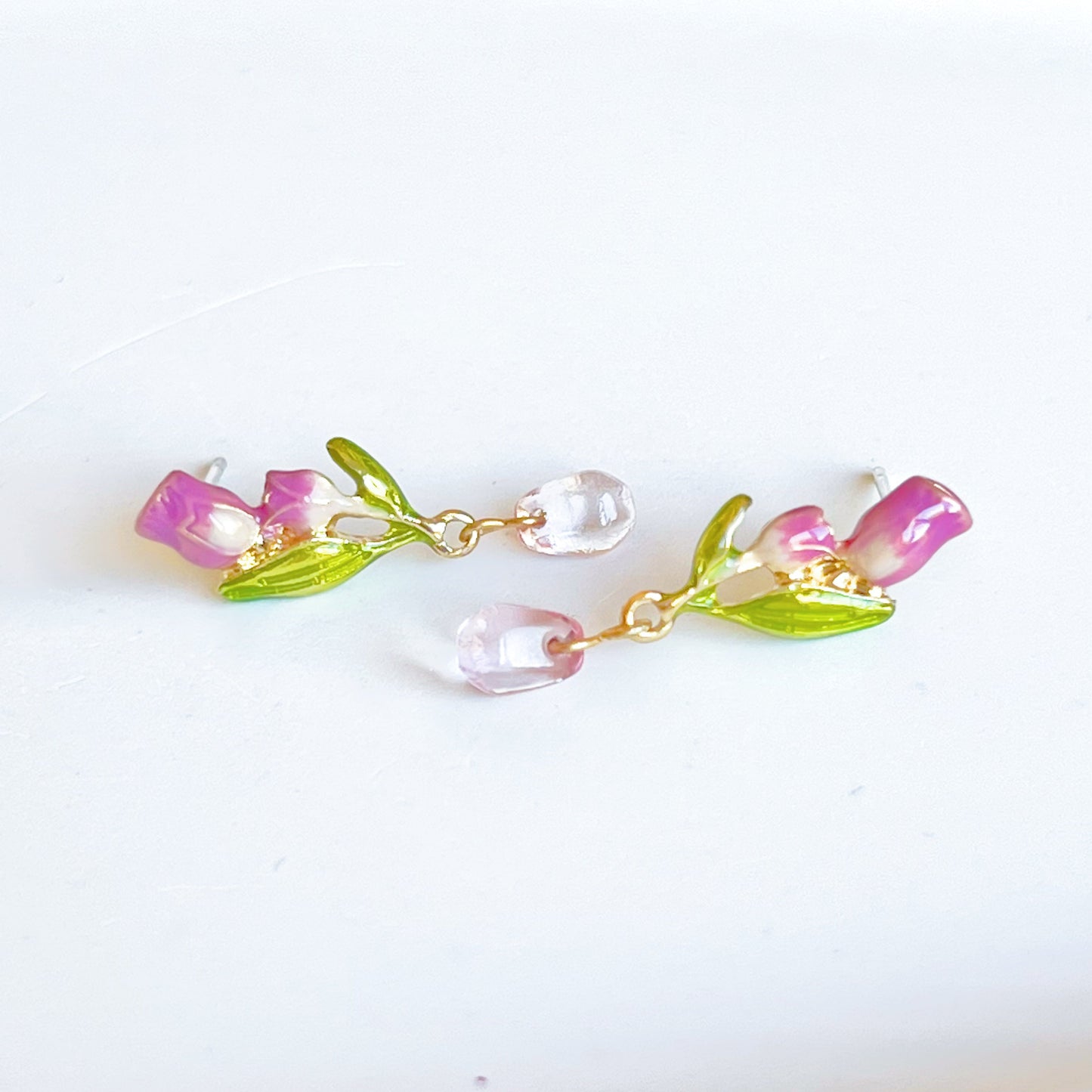 Pink Tulips Flower with Leaves Drop Earrings-Ninaouity
