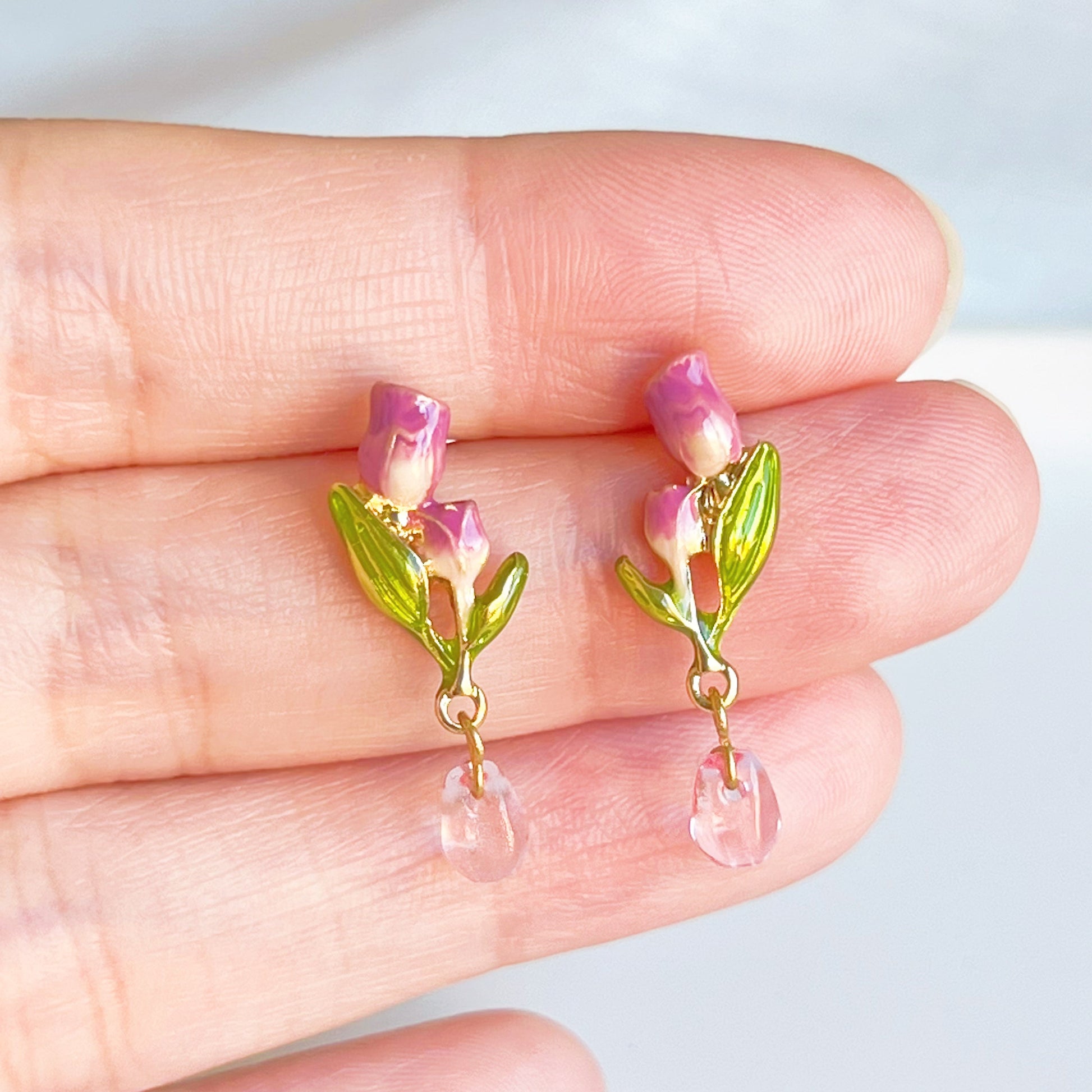 Pink Tulips Flower with Leaves Drop Earrings-Ninaouity