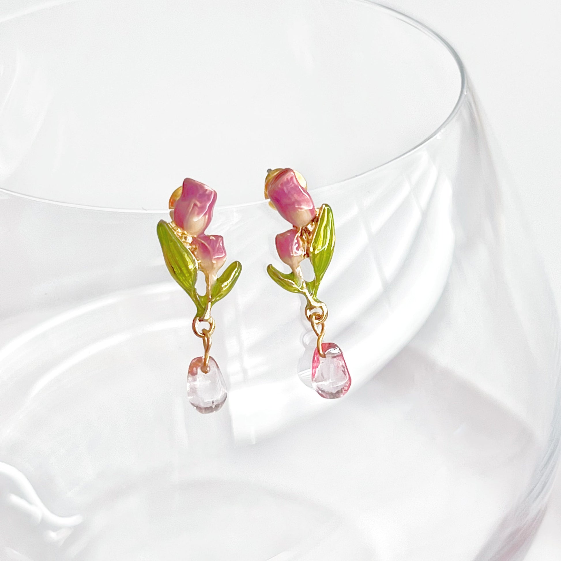 Pink Tulips Flower with Leaves Drop Earrings-Ninaouity