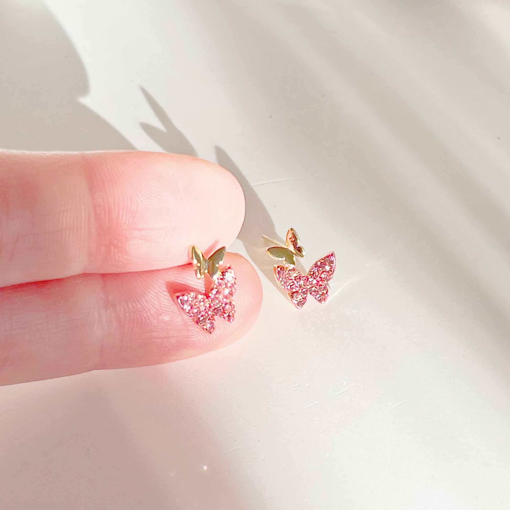 Pink Zircon on Butterfly Stud Earrings-Ninaouity