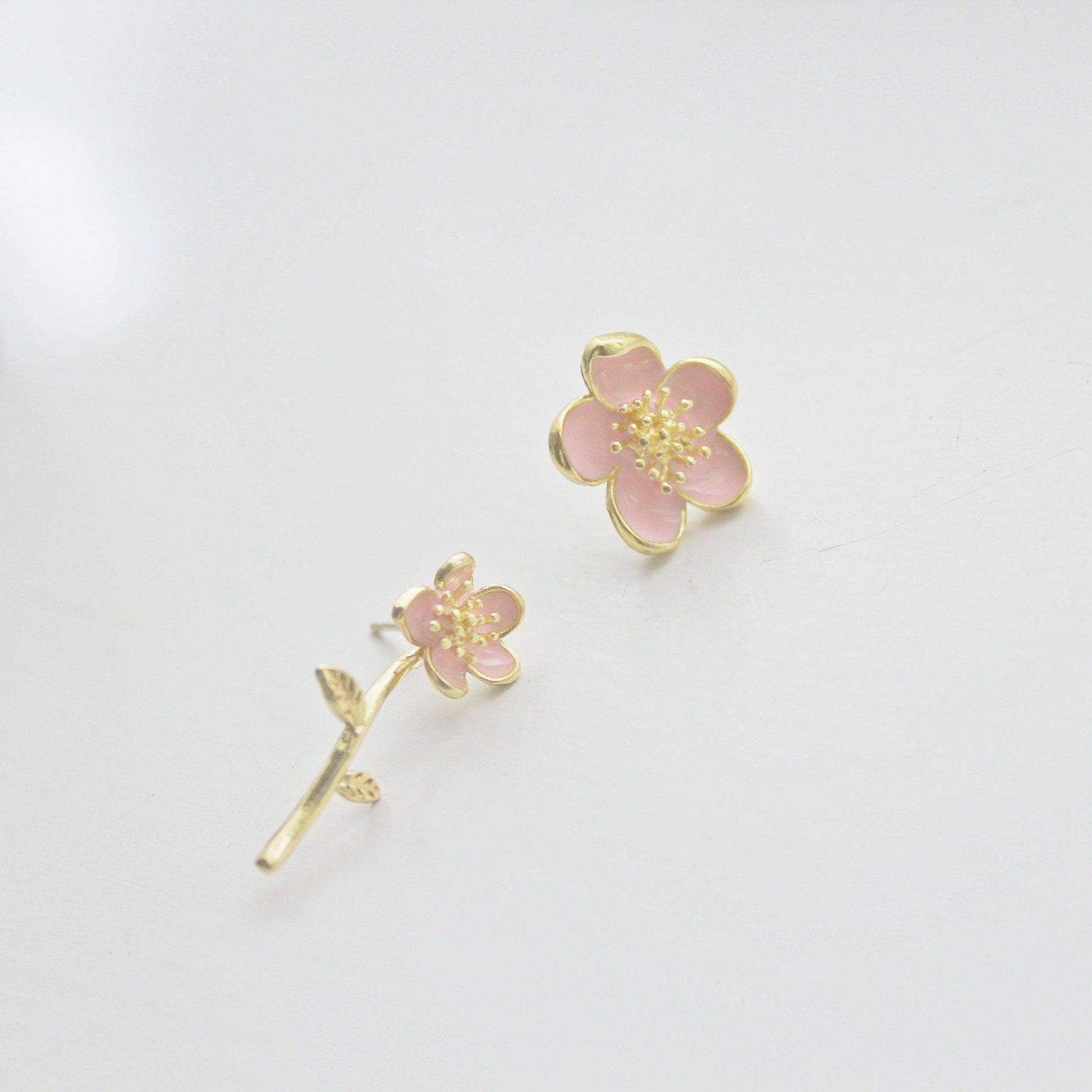 Prunus Earrings - Cherry Blossom Flower Mismatch Stud Earrings-Ninaouity