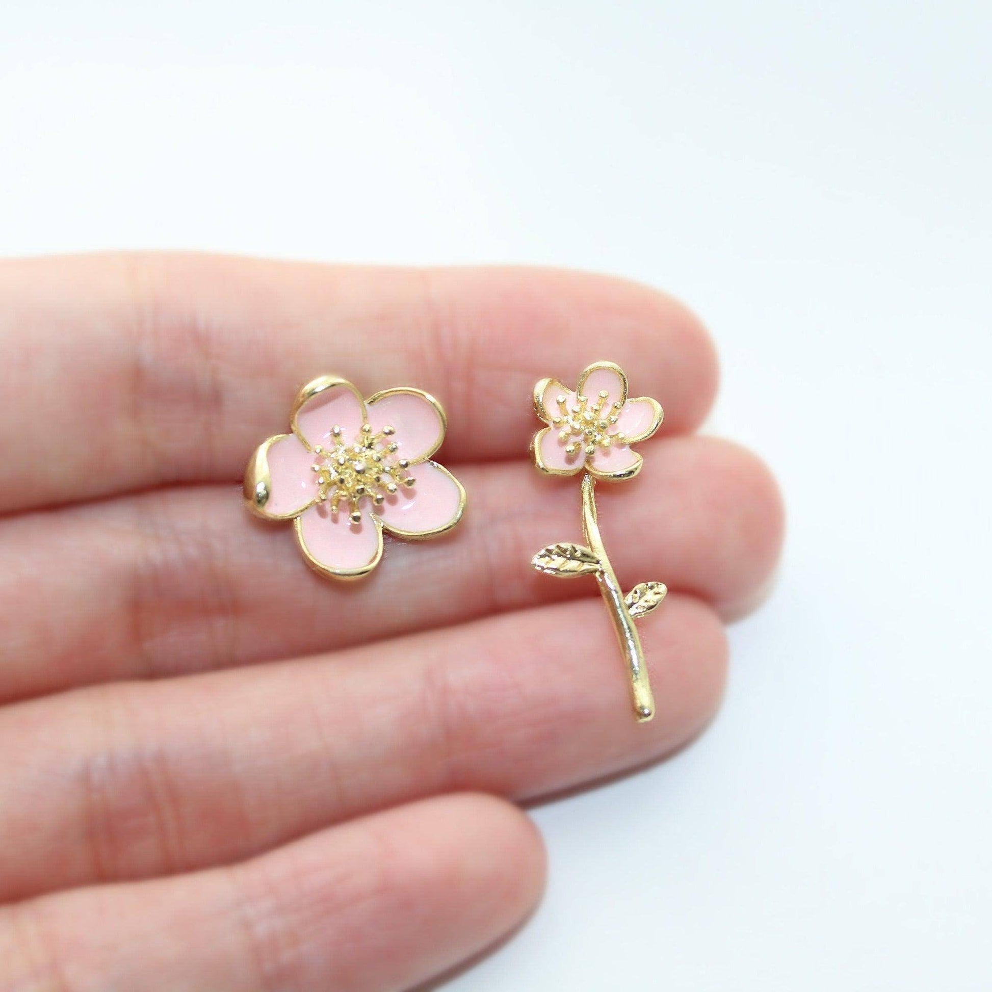 Prunus Earrings - Cherry Blossom Flower Mismatch Stud Earrings-Ninaouity