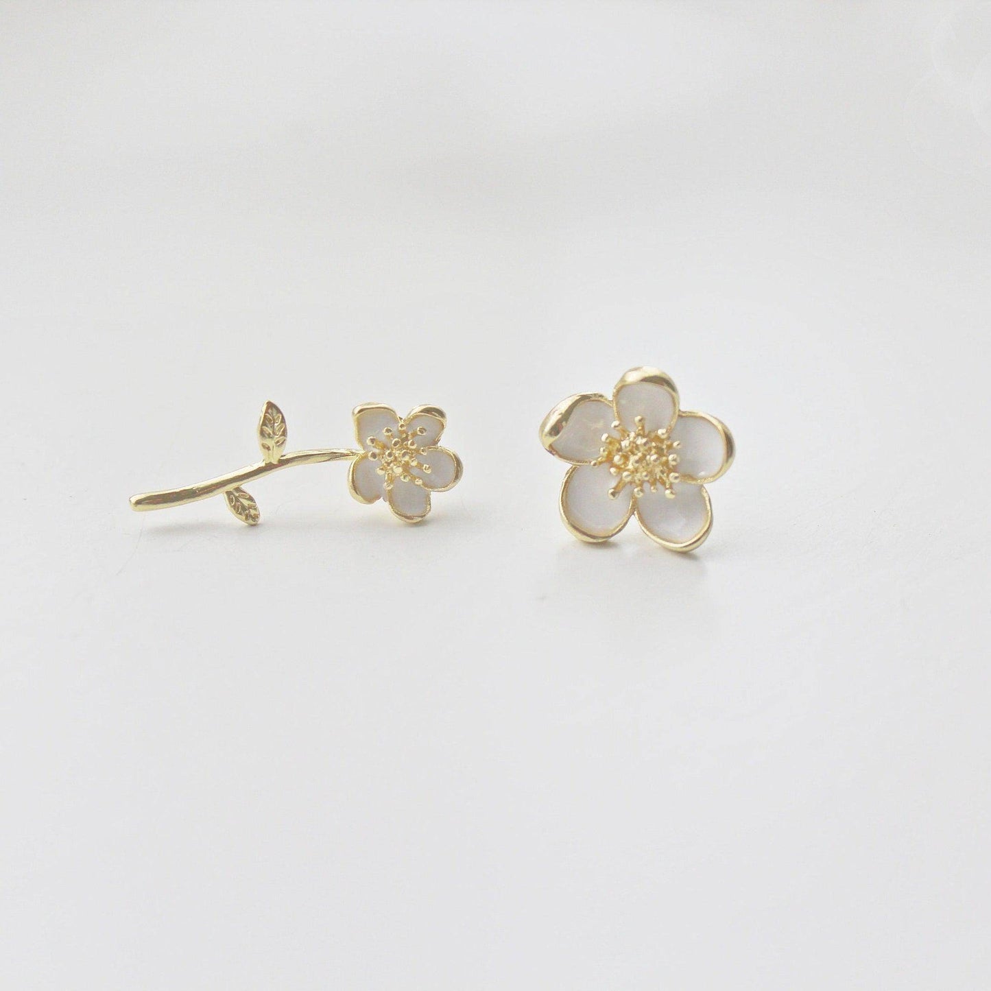 Prunus Earrings - Cherry Blossom Flower Mismatch Stud Earrings-Ninaouity