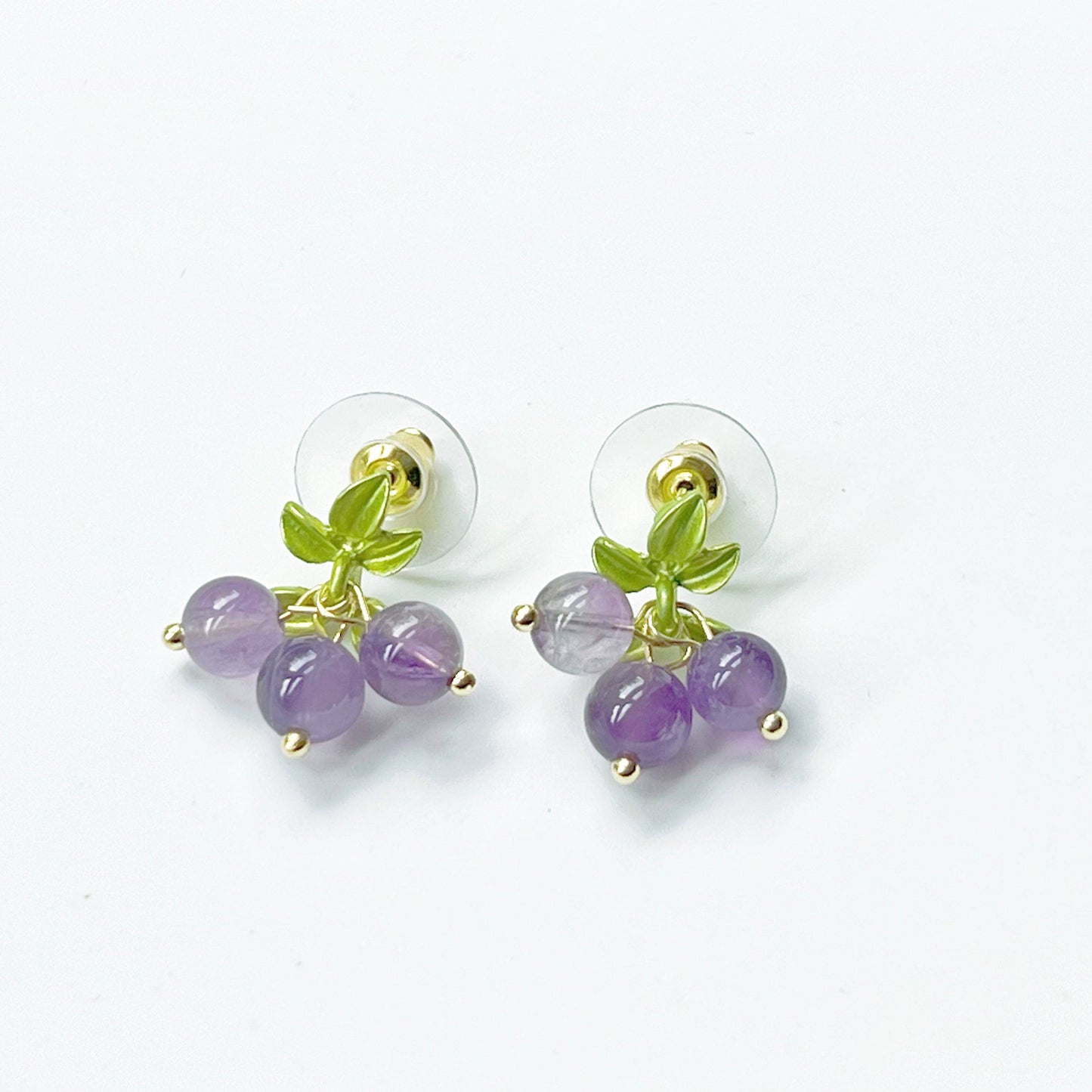 Purple Amethyst Bead Grape with Leaf Earrings-Ninaouity