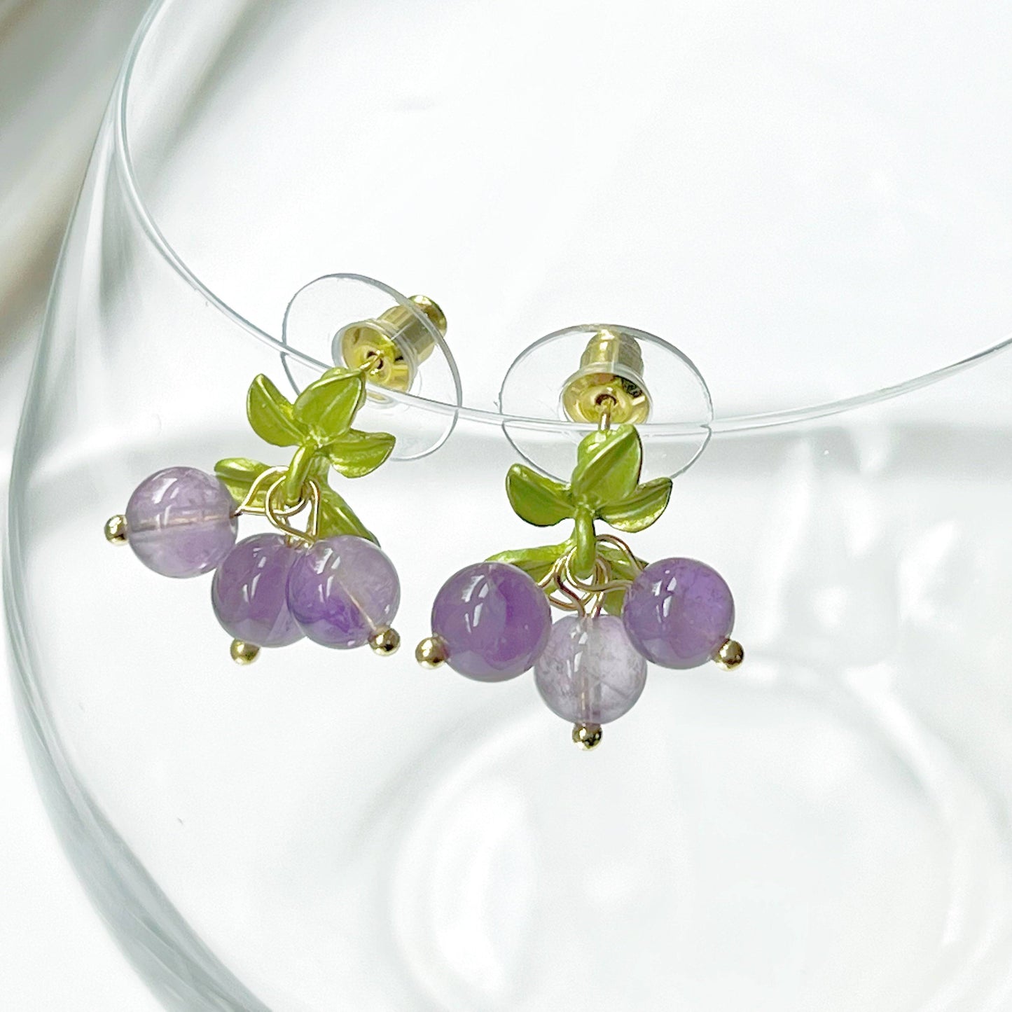 Purple Amethyst Bead Grape with Leaf Earrings-Ninaouity