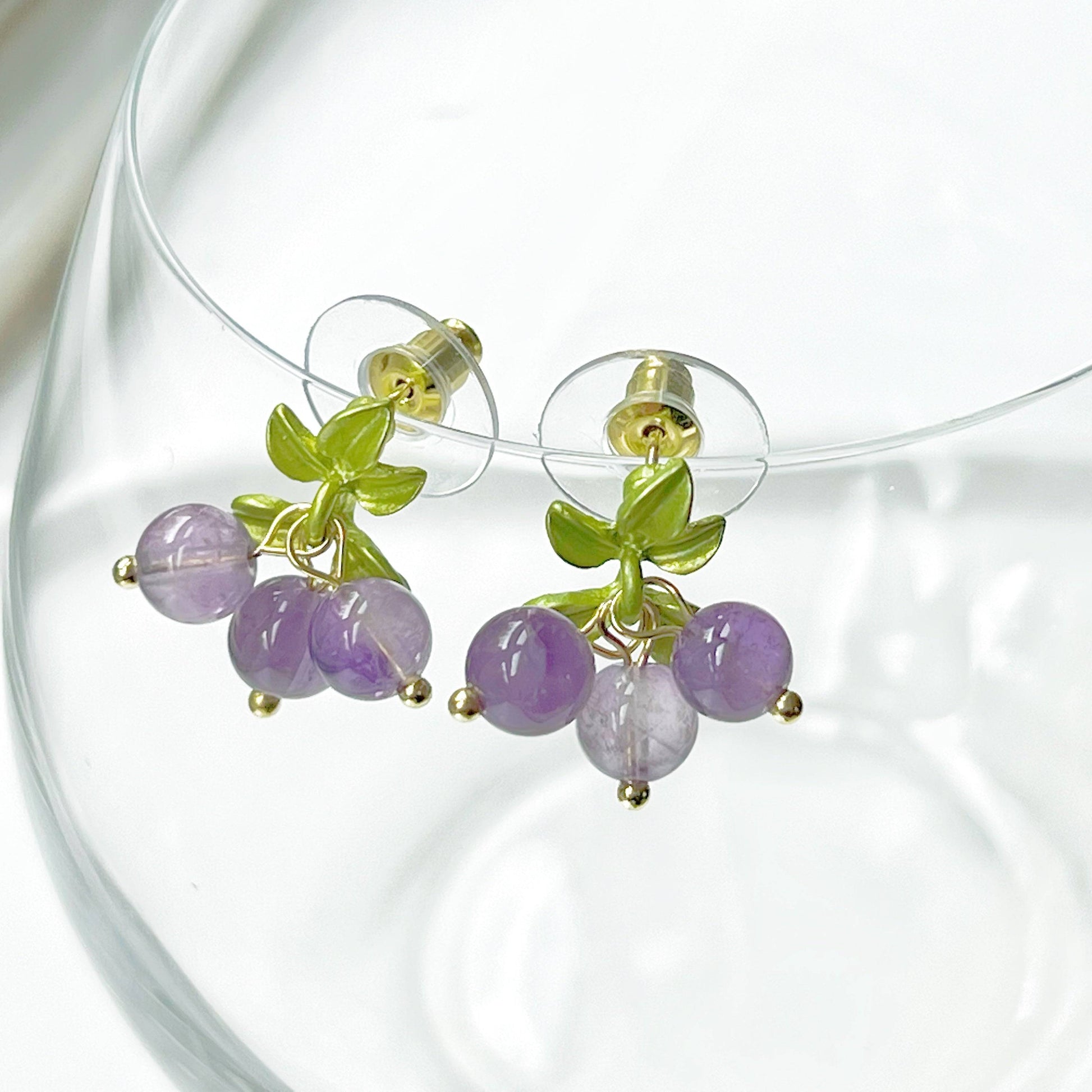 Purple Amethyst Bead Grape with Leaf Earrings-Ninaouity