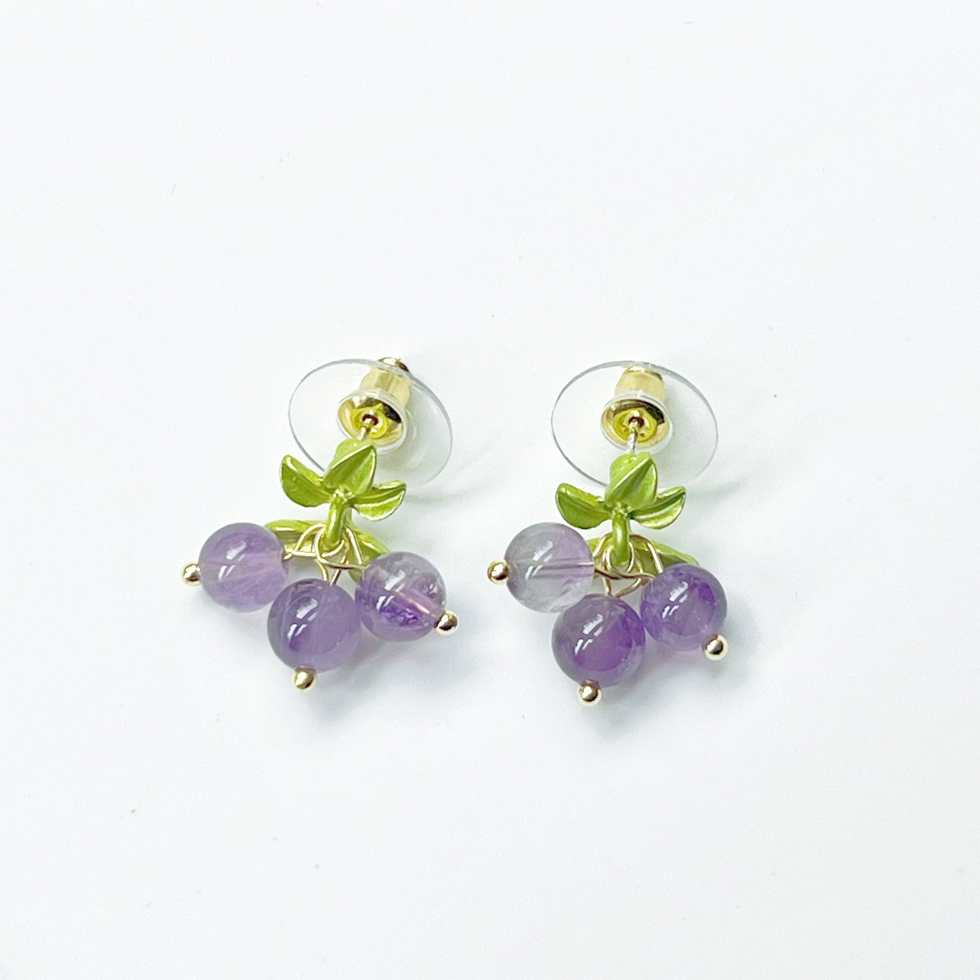 Purple Amethyst Bead Grape with Leaf Earrings-Ninaouity